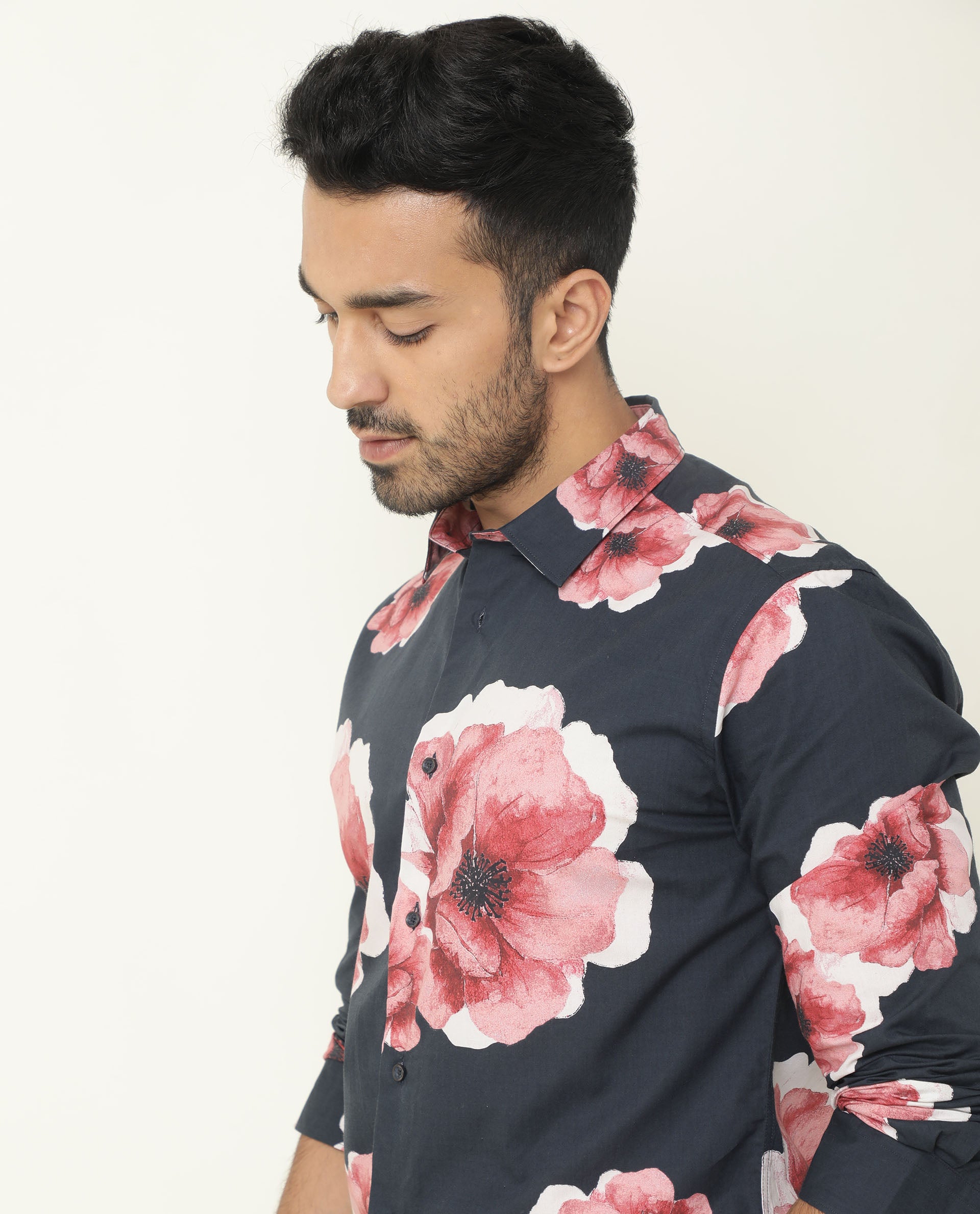 Rare Rabbit Men's Netherss Navy Cotton Fabric Floral Print Full Sleeves Shirt