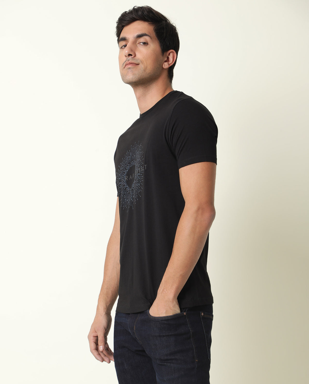 RARE RABBIT MENS KRIS BLACK T-SHIRT COTTON FABRIC SLIM FIT CREW NECK SHORT SLEEVE GRAPHIC PRINT