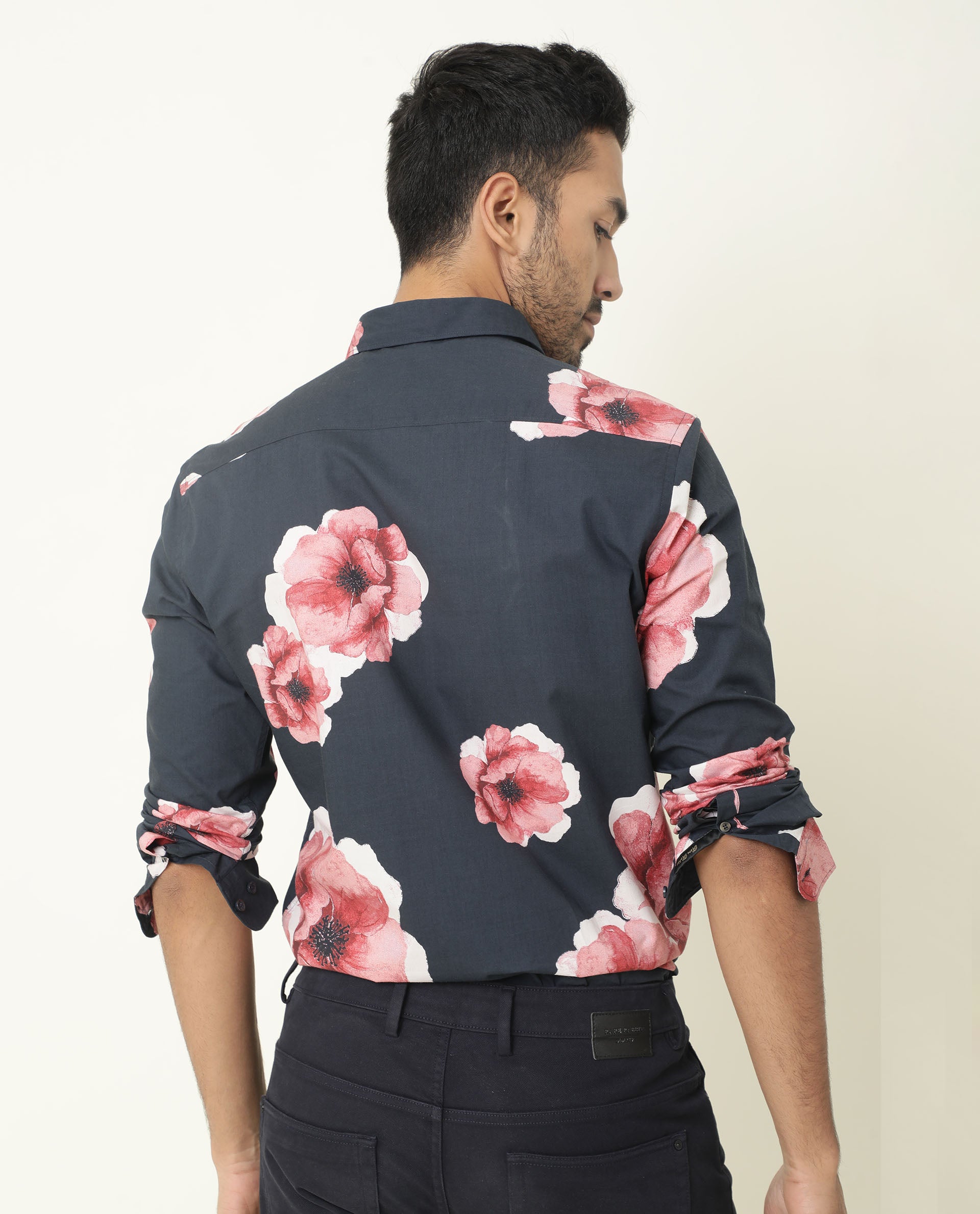 Rare Rabbit Men's Netherss Navy Cotton Fabric Floral Print Full Sleeves Shirt