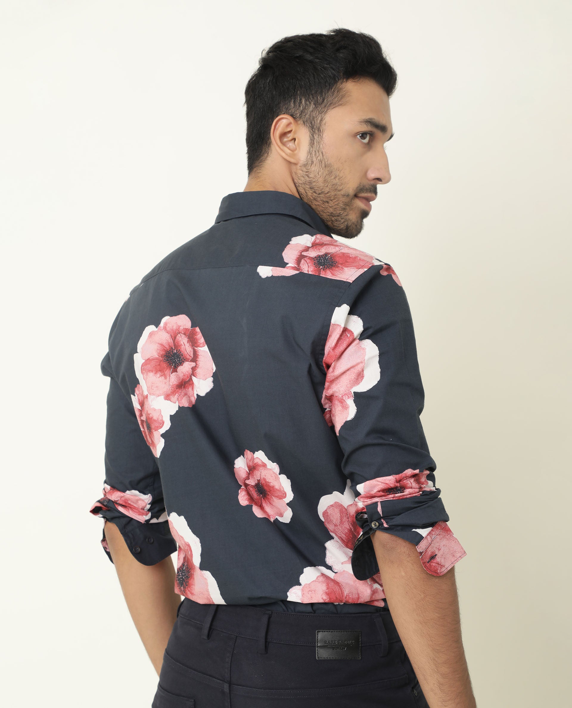 Rare Rabbit Men's Netherss Navy Cotton Fabric Floral Print Full Sleeves Shirt