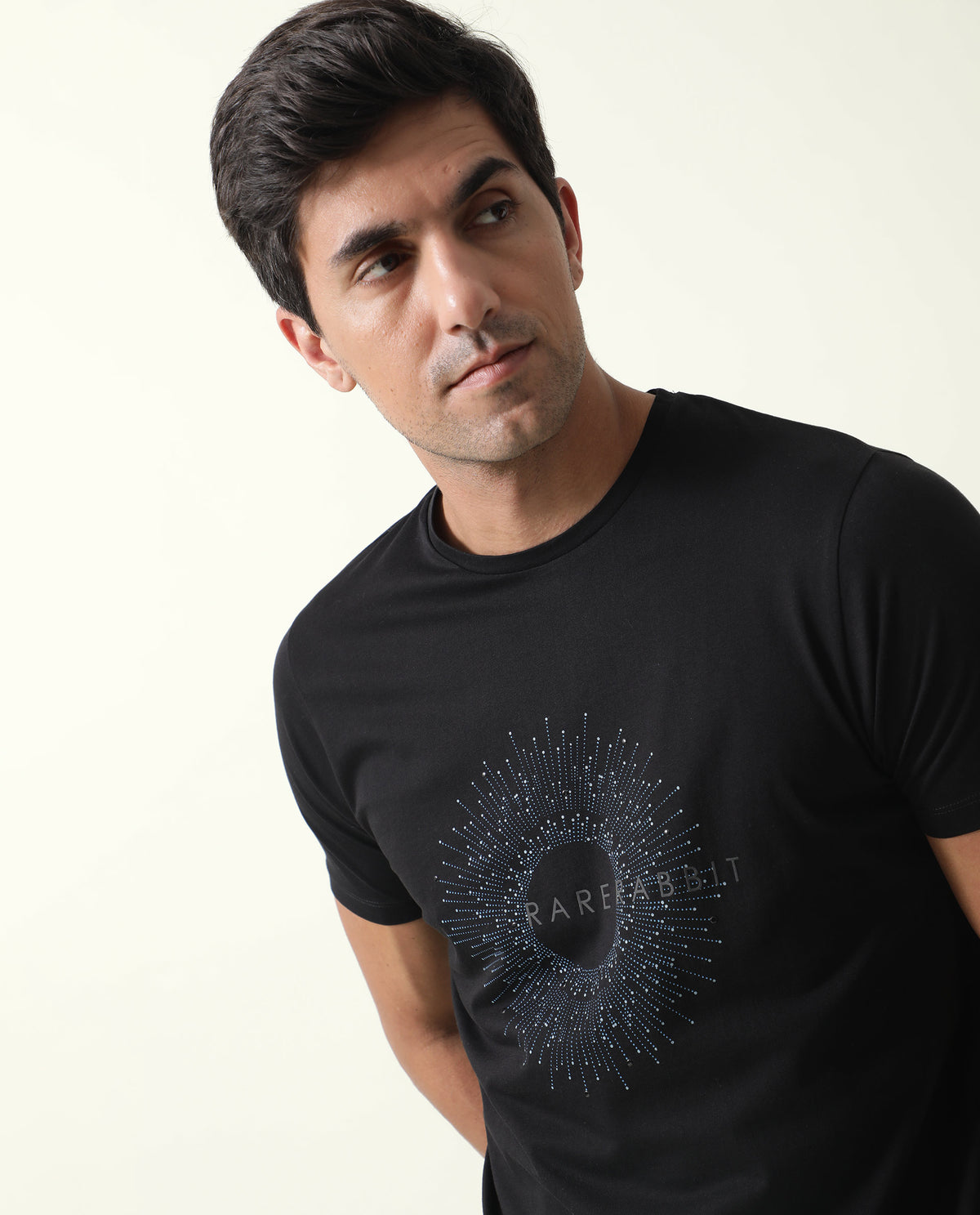 RARE RABBIT MENS KRIS BLACK T-SHIRT COTTON FABRIC SLIM FIT CREW NECK SHORT SLEEVE GRAPHIC PRINT