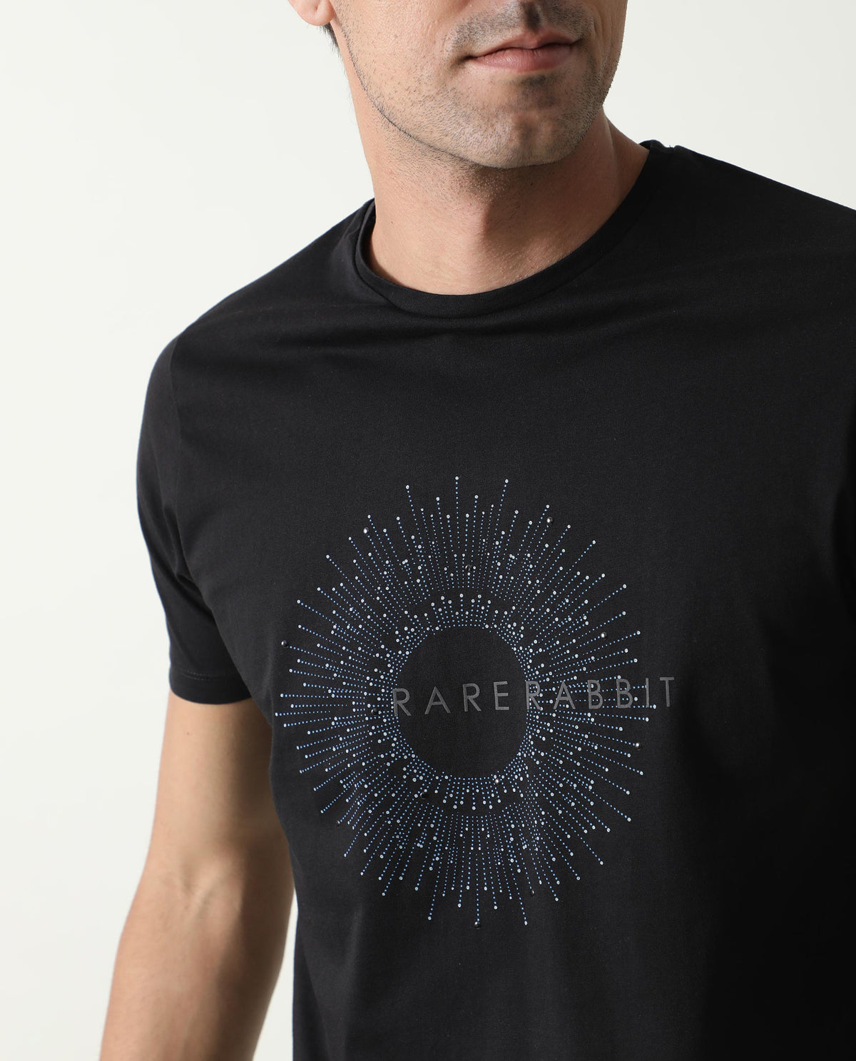 RARE RABBIT MENS KRIS BLACK T-SHIRT COTTON FABRIC SLIM FIT CREW NECK SHORT SLEEVE GRAPHIC PRINT