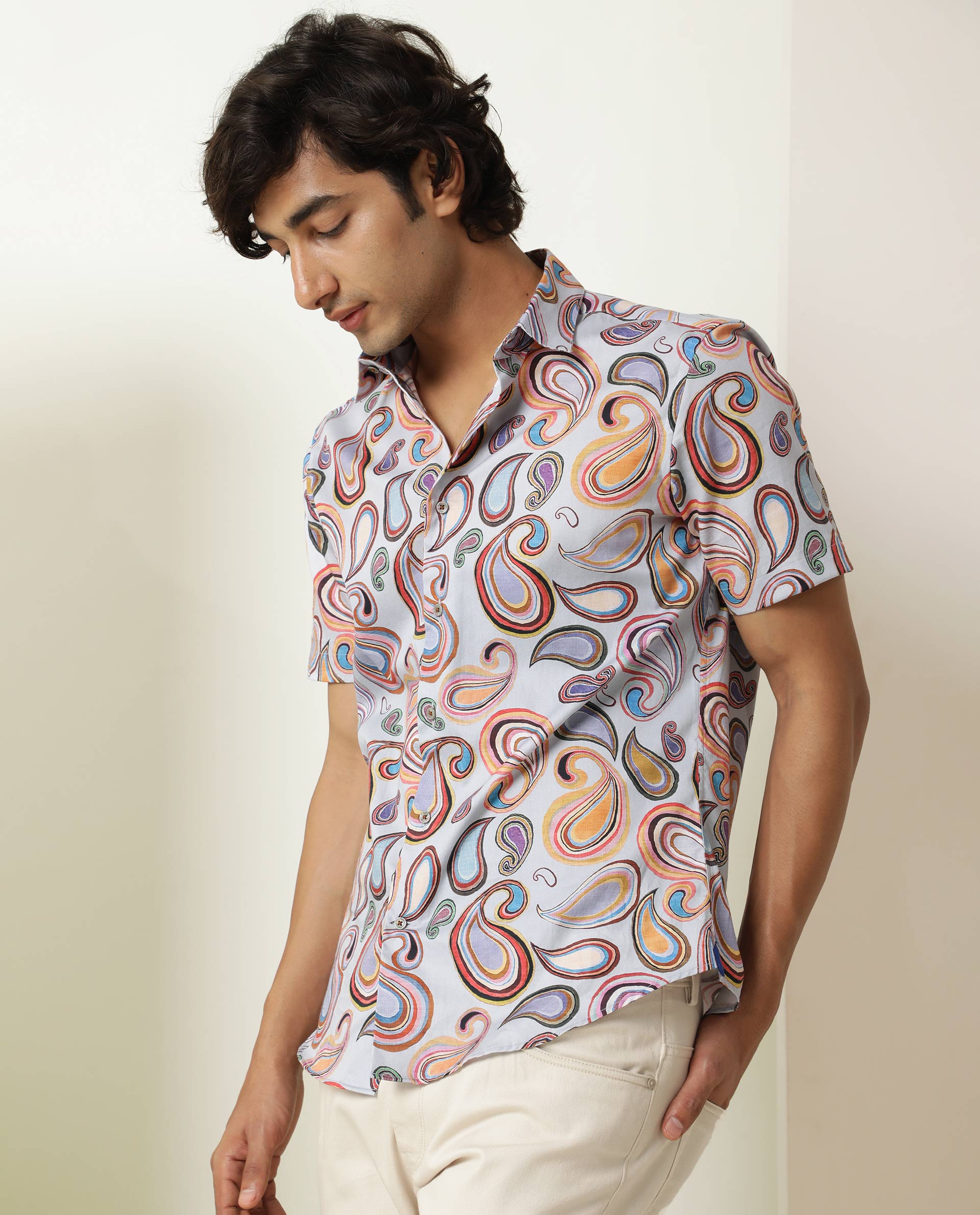 RARE RABBIT MEN'S CADIZ MULTI SHIRT COTTON FABRIC COLLARED NECK HALF SLEEVES BUTTON CLOSURE