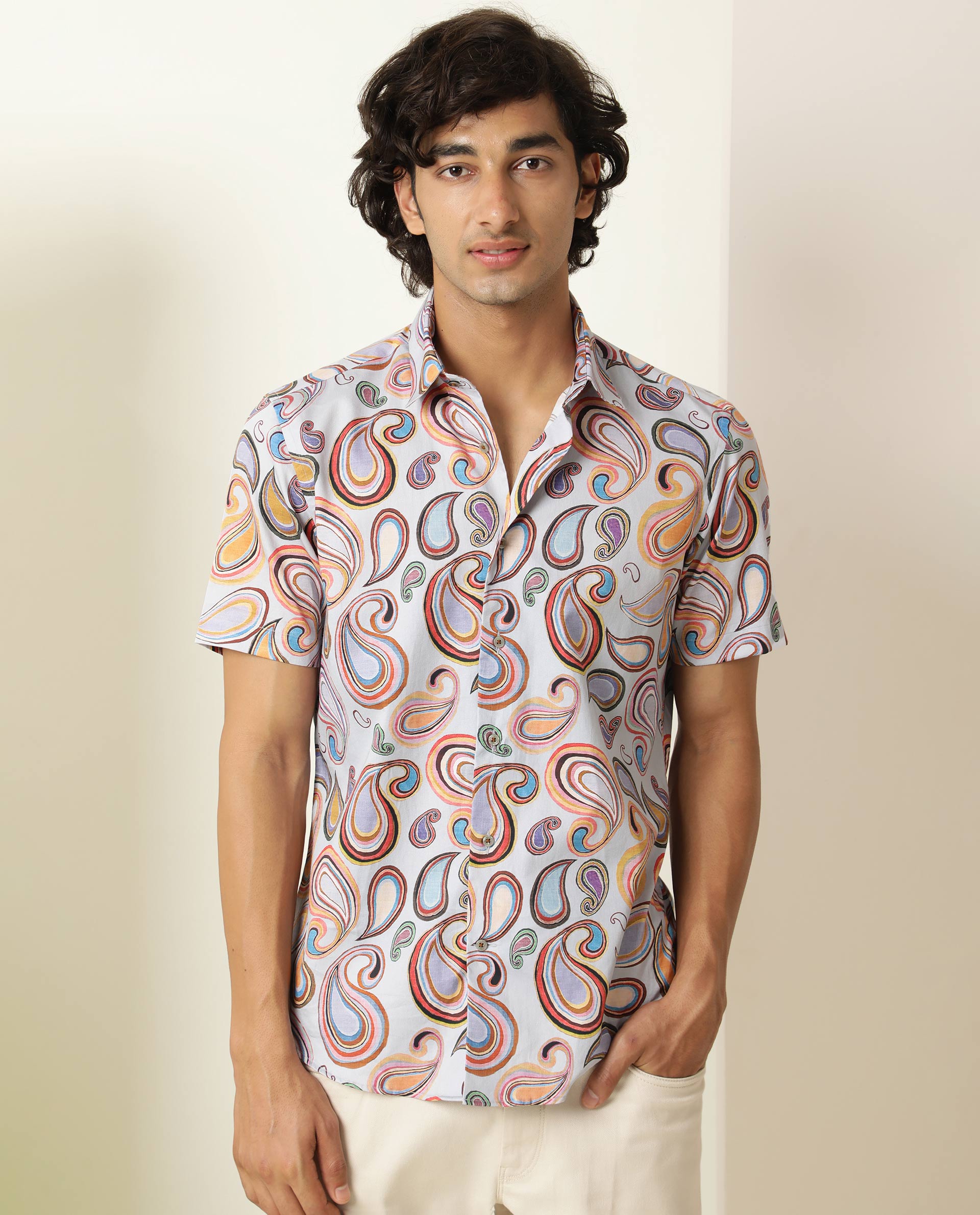 RARE RABBIT MEN'S CADIZ MULTI SHIRT COTTON FABRIC COLLARED NECK HALF SLEEVES BUTTON CLOSURE