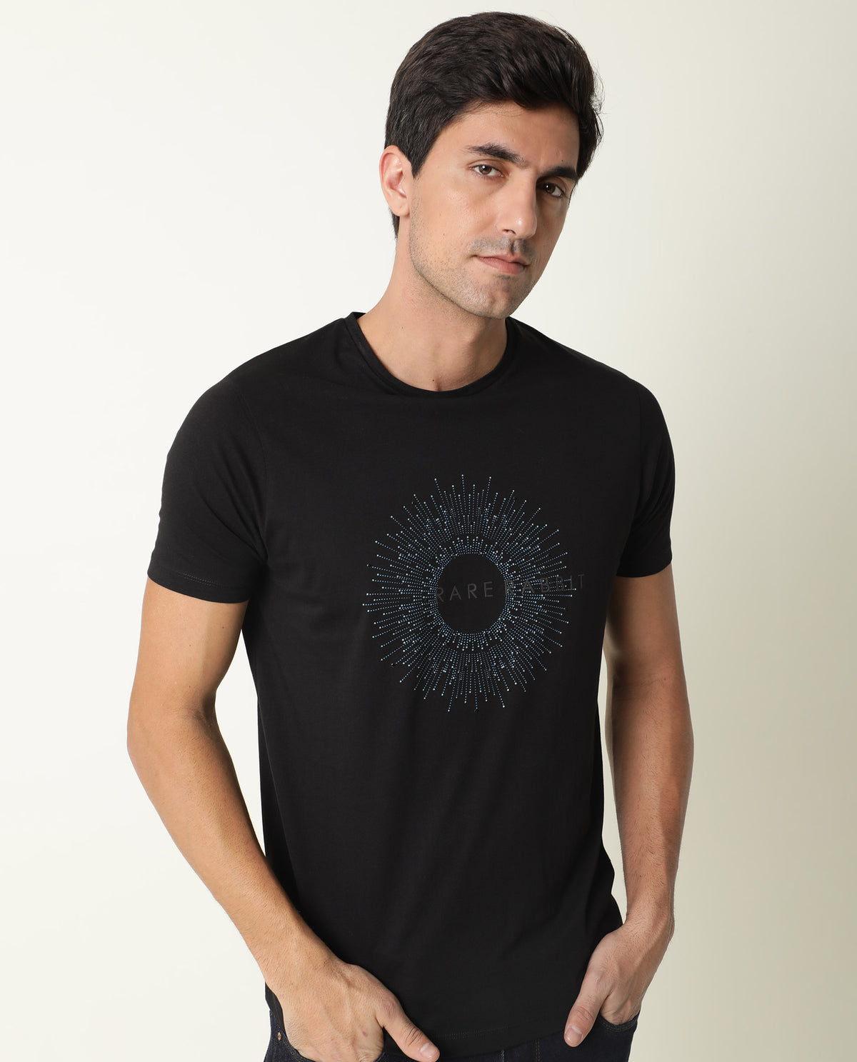 RARE RABBIT MENS KRIS BLACK T-SHIRT COTTON FABRIC SLIM FIT CREW NECK SHORT SLEEVE GRAPHIC PRINT
