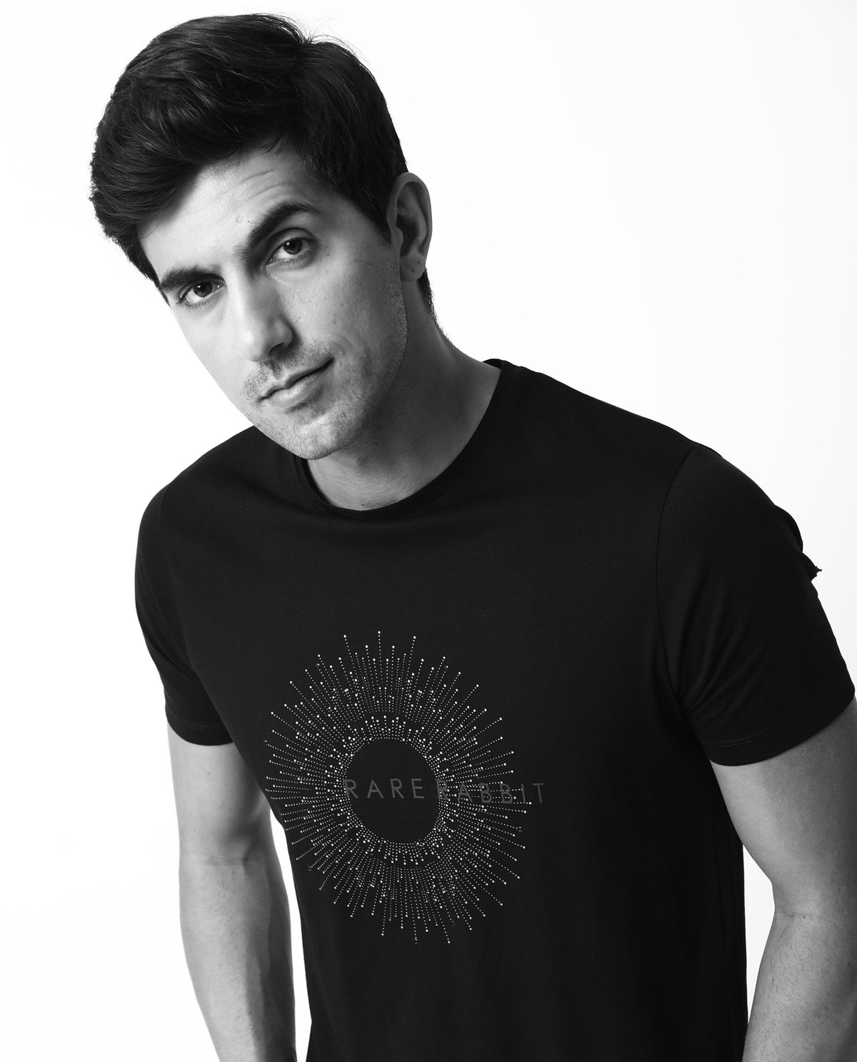 RARE RABBIT MENS KRIS BLACK T-SHIRT COTTON FABRIC SLIM FIT CREW NECK SHORT SLEEVE GRAPHIC PRINT
