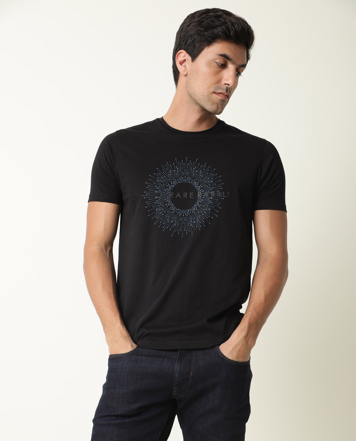 RARE RABBIT MENS KRIS BLACK T-SHIRT COTTON FABRIC SLIM FIT CREW NECK SHORT SLEEVE GRAPHIC PRINT