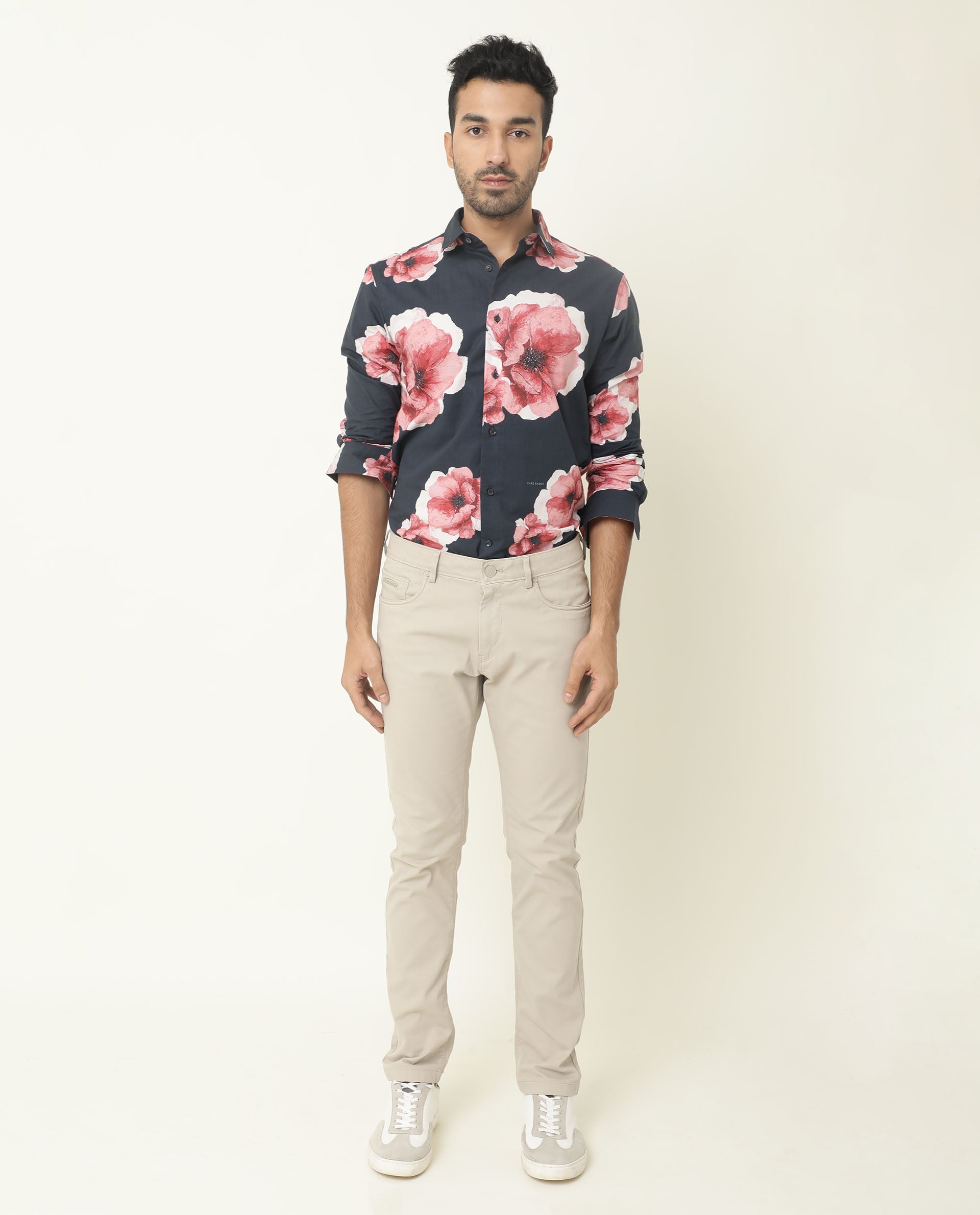 Rare Rabbit Men's Netherss Navy Cotton Fabric Floral Print Full Sleeves Shirt