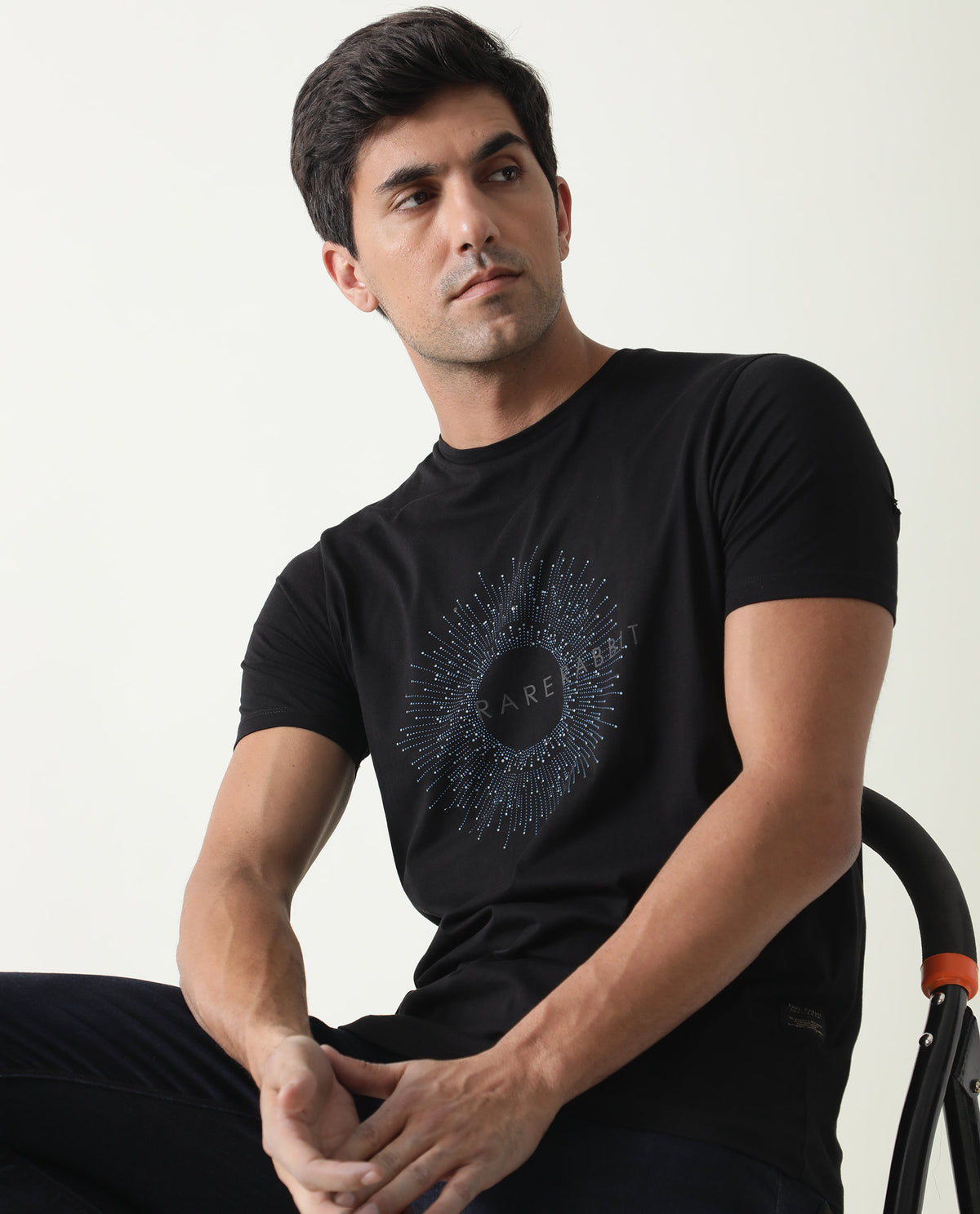 RARE RABBIT MENS KRIS BLACK T-SHIRT COTTON FABRIC SLIM FIT CREW NECK SHORT SLEEVE GRAPHIC PRINT