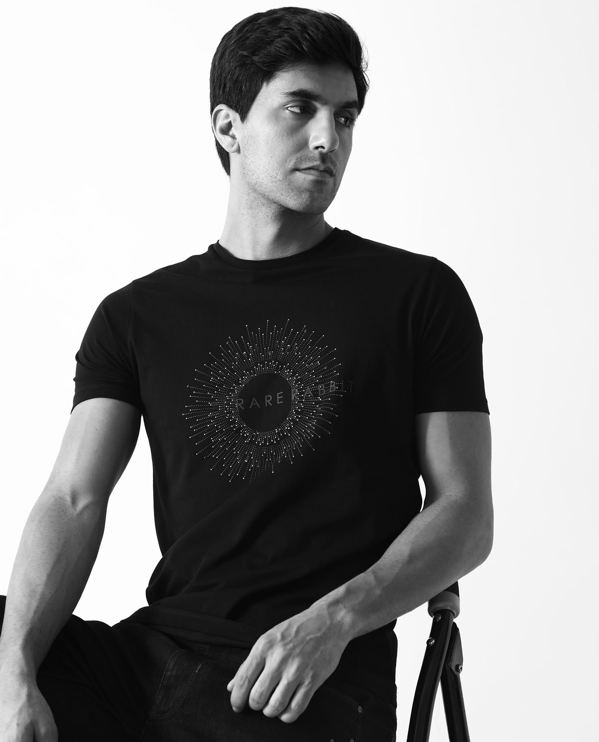 RARE RABBIT MENS KRIS BLACK T-SHIRT COTTON FABRIC SLIM FIT CREW NECK SHORT SLEEVE GRAPHIC PRINT