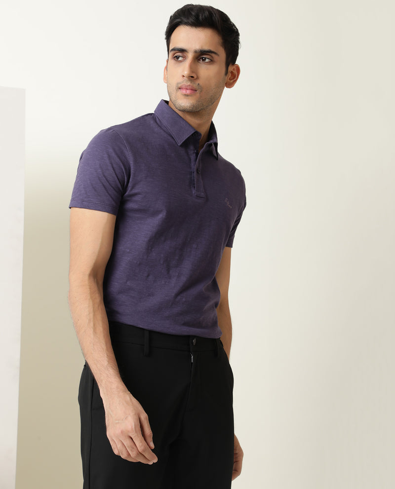 Rare Rabbit Men's Trent Purple Cotton Fabric Collared Neck Half Sleeves Textured Polo T-Shirt