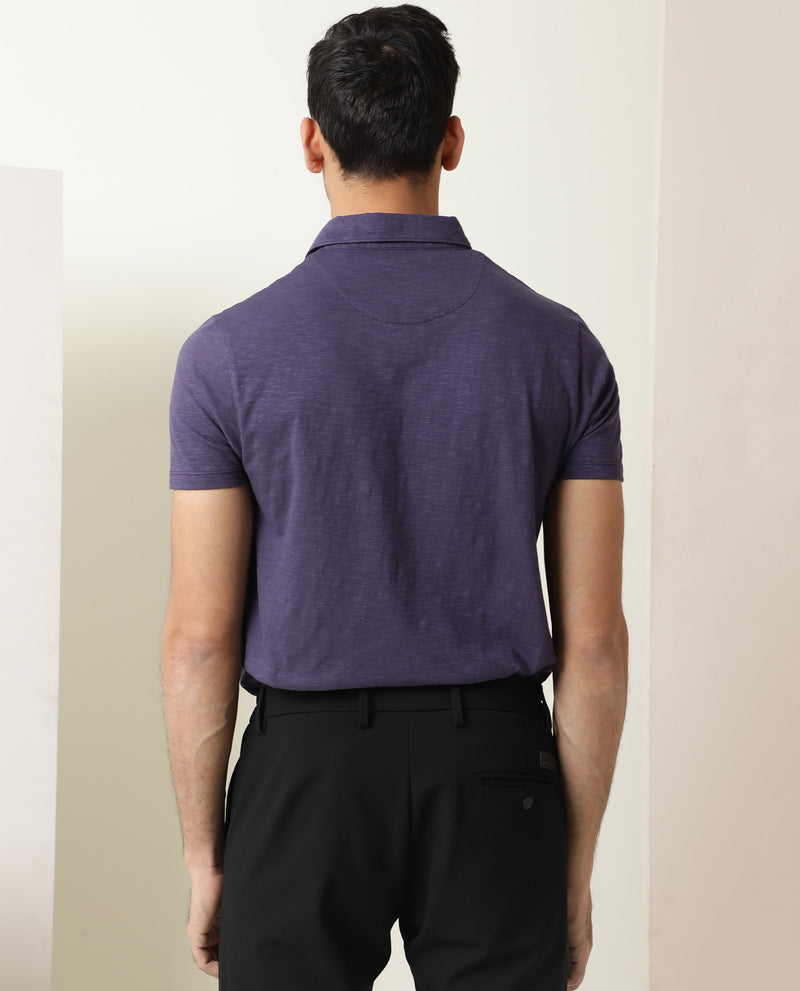 Rare Rabbit Men's Trent Purple Cotton Fabric Collared Neck Half Sleeves Textured Polo T-Shirt