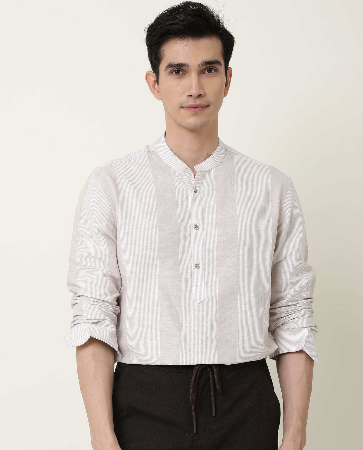 RARE RABBIT MEN'S BEIGE STRIPED COTTON LINEN BLEND MANDARIN COLLAR FULL SLEEVE SHIRT