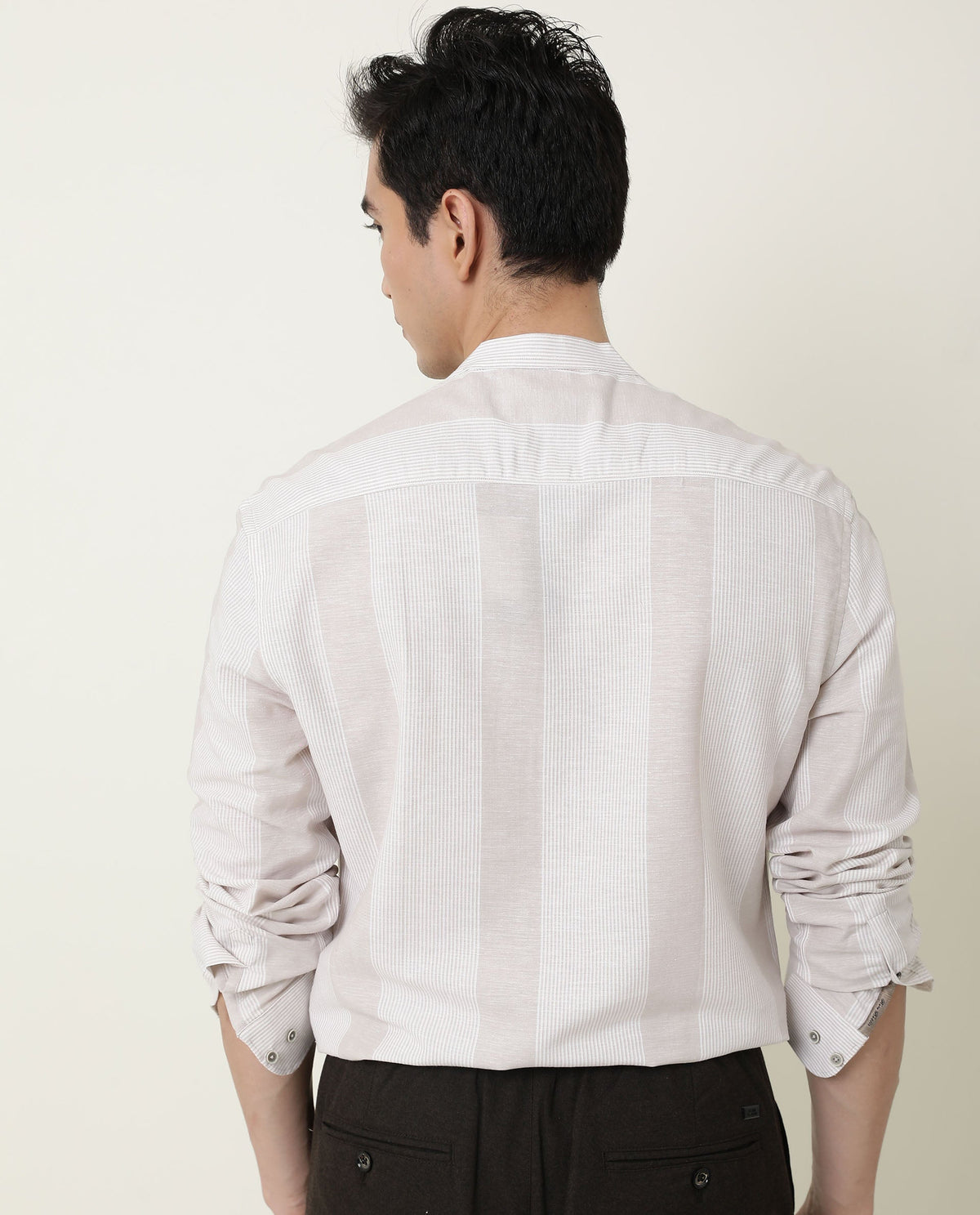 RARE RABBIT MEN'S BEIGE STRIPED COTTON LINEN BLEND MANDARIN COLLAR FULL SLEEVE SHIRT
