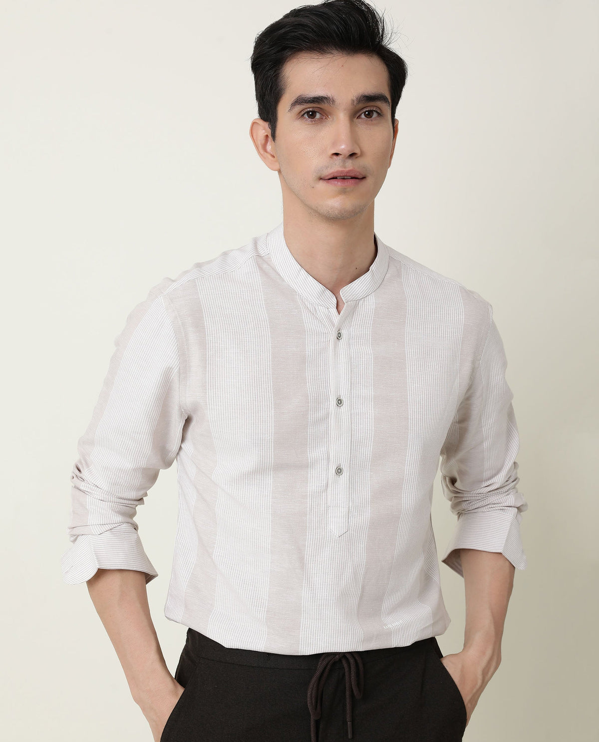 RARE RABBIT MEN'S BEIGE STRIPED COTTON LINEN BLEND MANDARIN COLLAR FULL SLEEVE SHIRT
