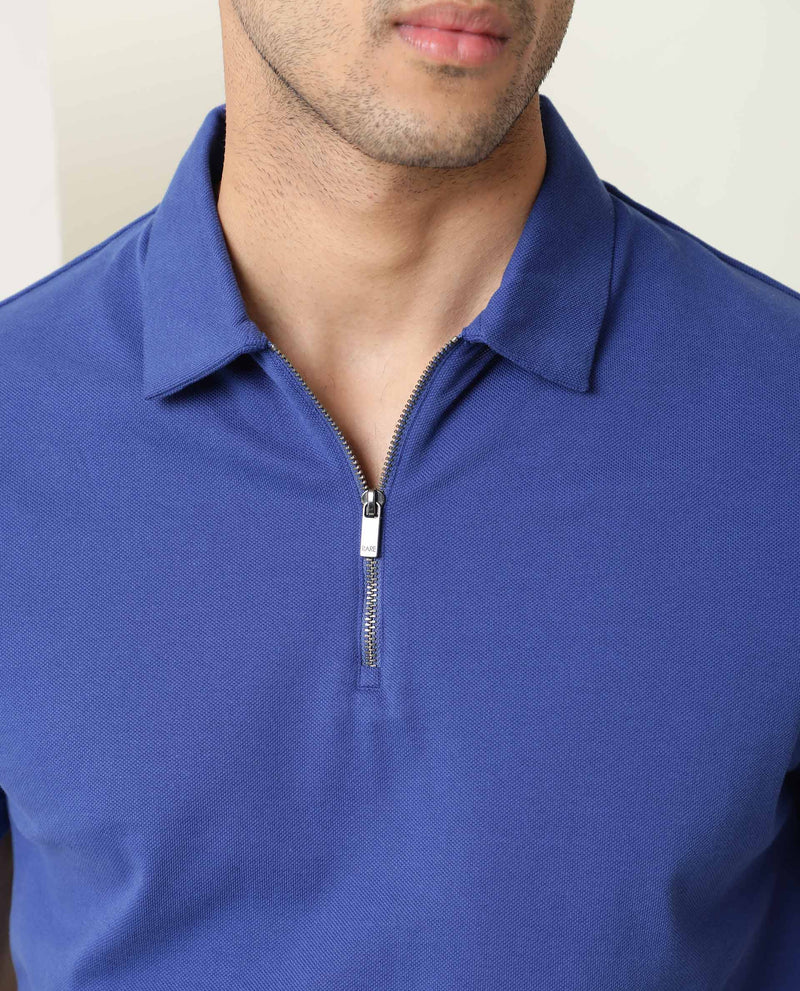 Rare Rabbit Men's Stel Fluorescent Blue Cotton Fabric Collared Neck Zipper Closure Half Sleeves Flat Knit Polo T-Shirt