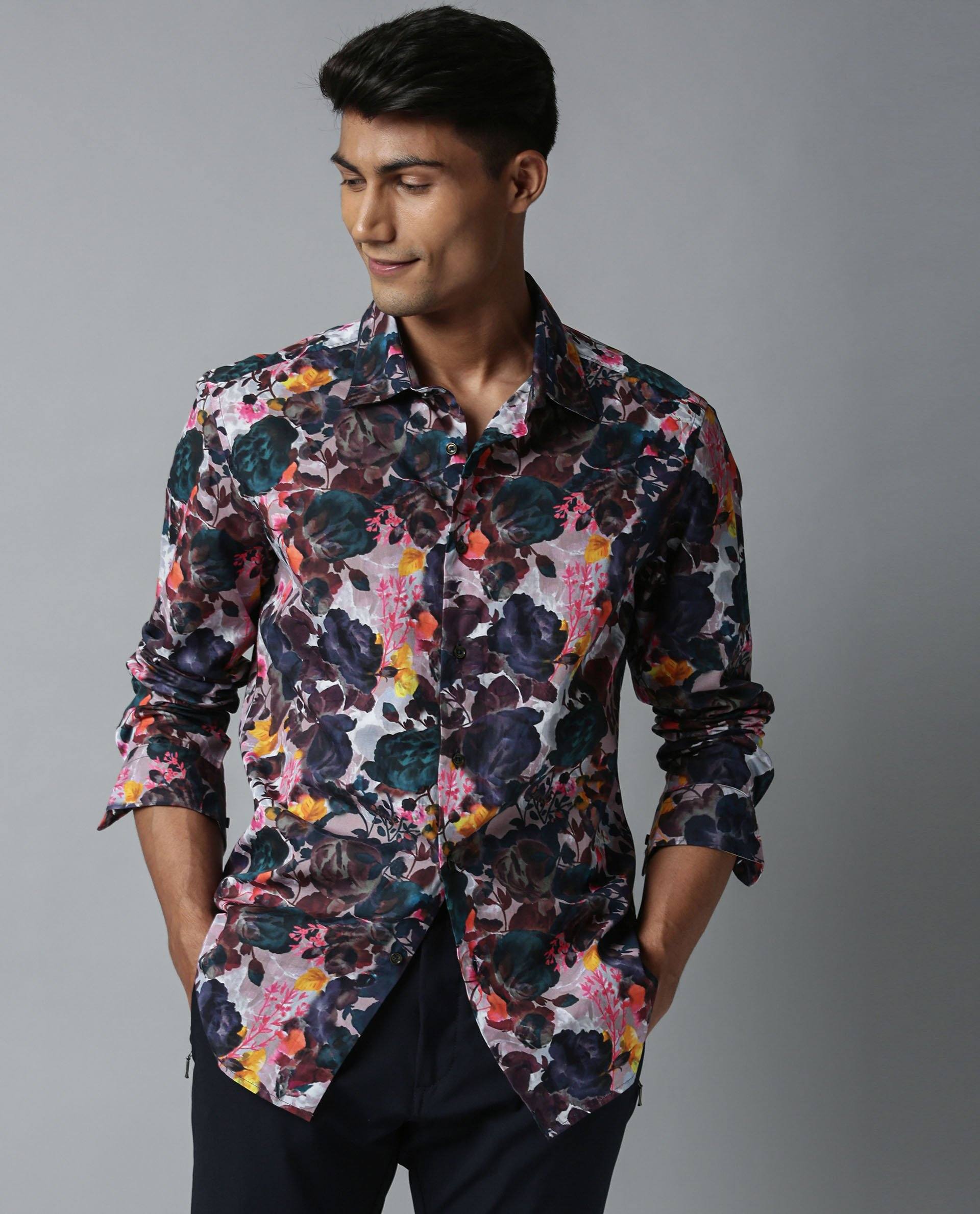 Rare Rabbit Men's Drakee White Cotton Fabric Floral Print Full Sleeves Shirt