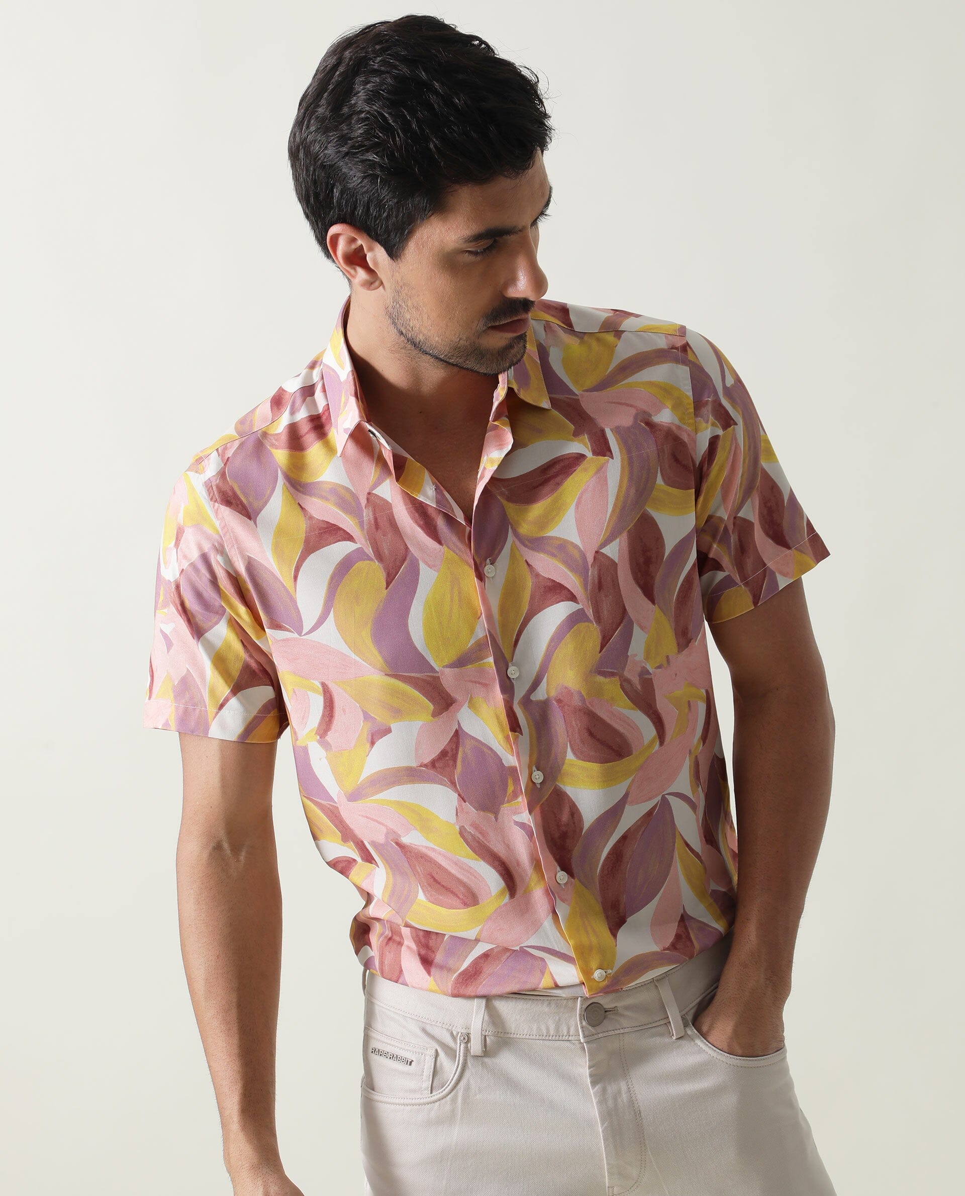 Rare Rabbit Men's Grafe Beige Viscose Fabric Half Sleeves Regular Fit Tropical Print Shirt