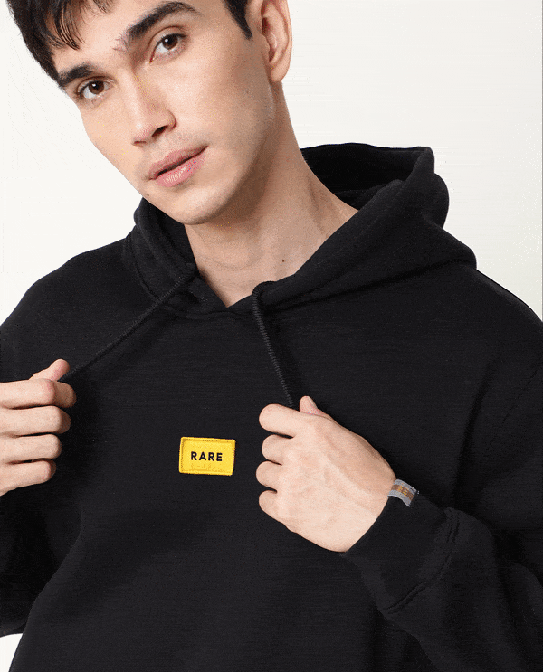 Rare Rabbit Men's Indo Black Cotton Plain Regular Fit Full Sleeve Hooded Sweatshirt