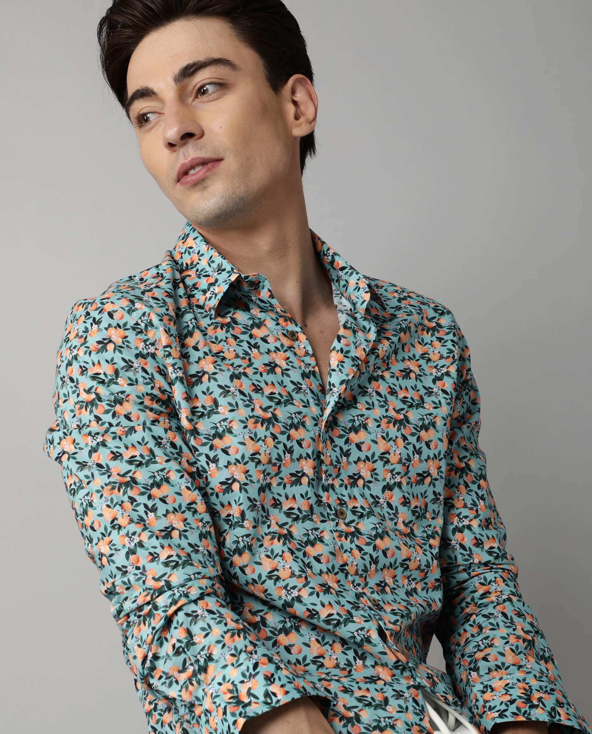 RARE RABBIT MEN'S JACK GREEN SHIRT COTTON FABRIC FULL SLEEVES PRINT SLIM FIT