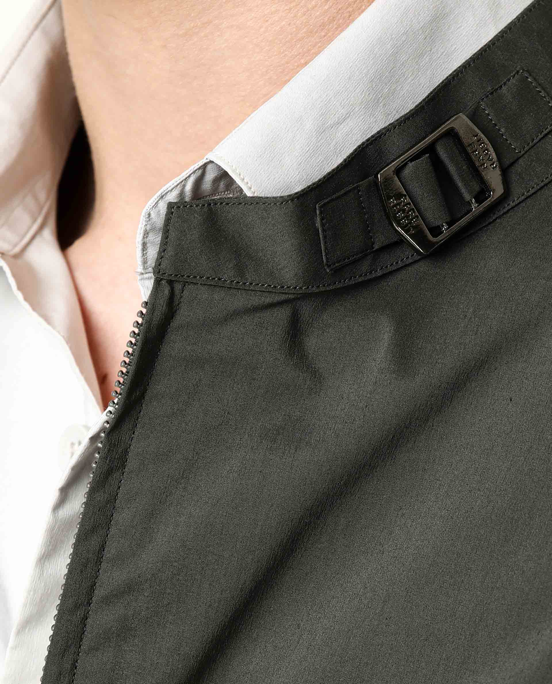 Rare Rabbit Men's Saka Olive Plain Mandarin Collar Jacket