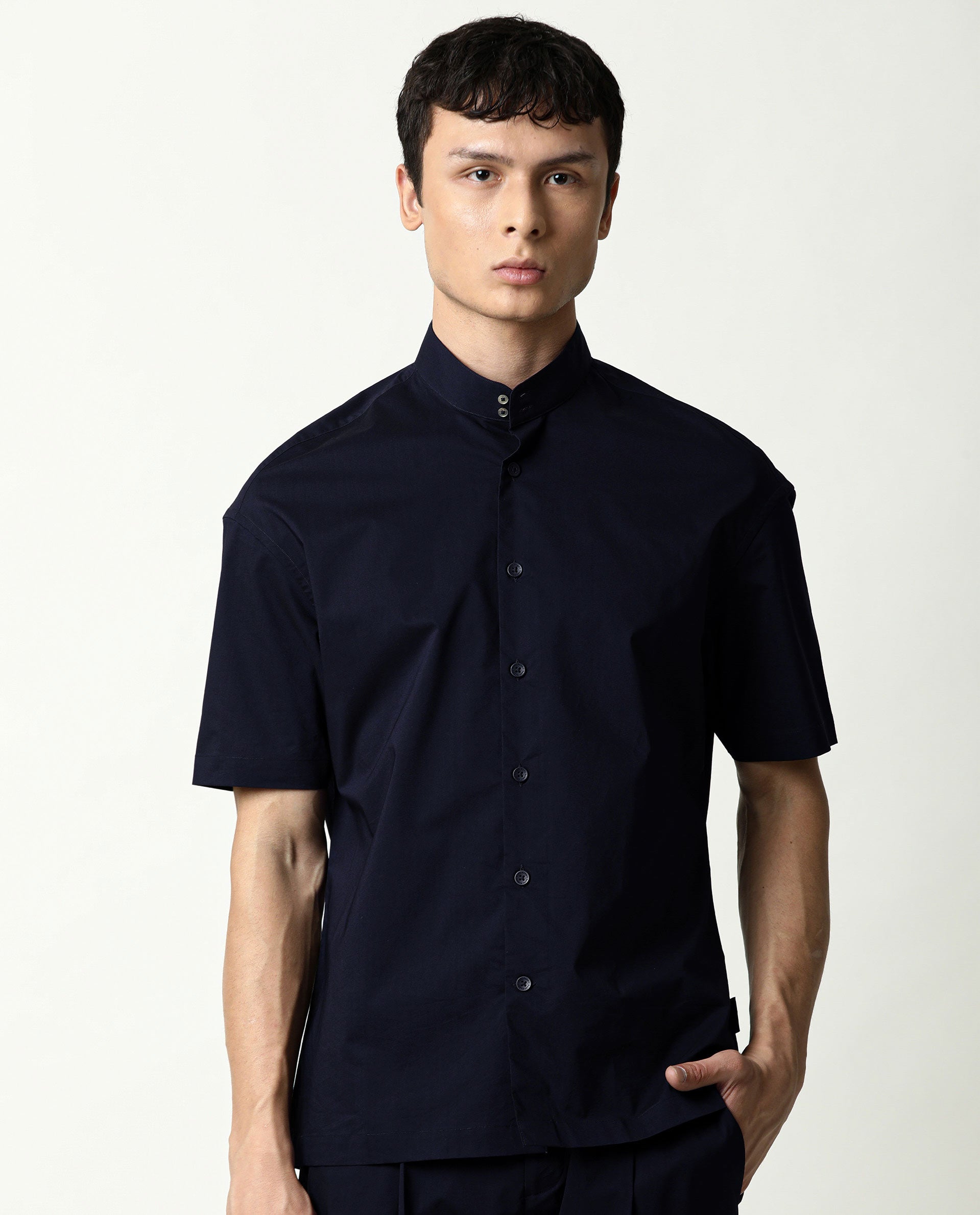 Rare Rabbit Men's Shiro Navy Poplin High Neck Mandarin Collar Half Sleeves Solid Shirt