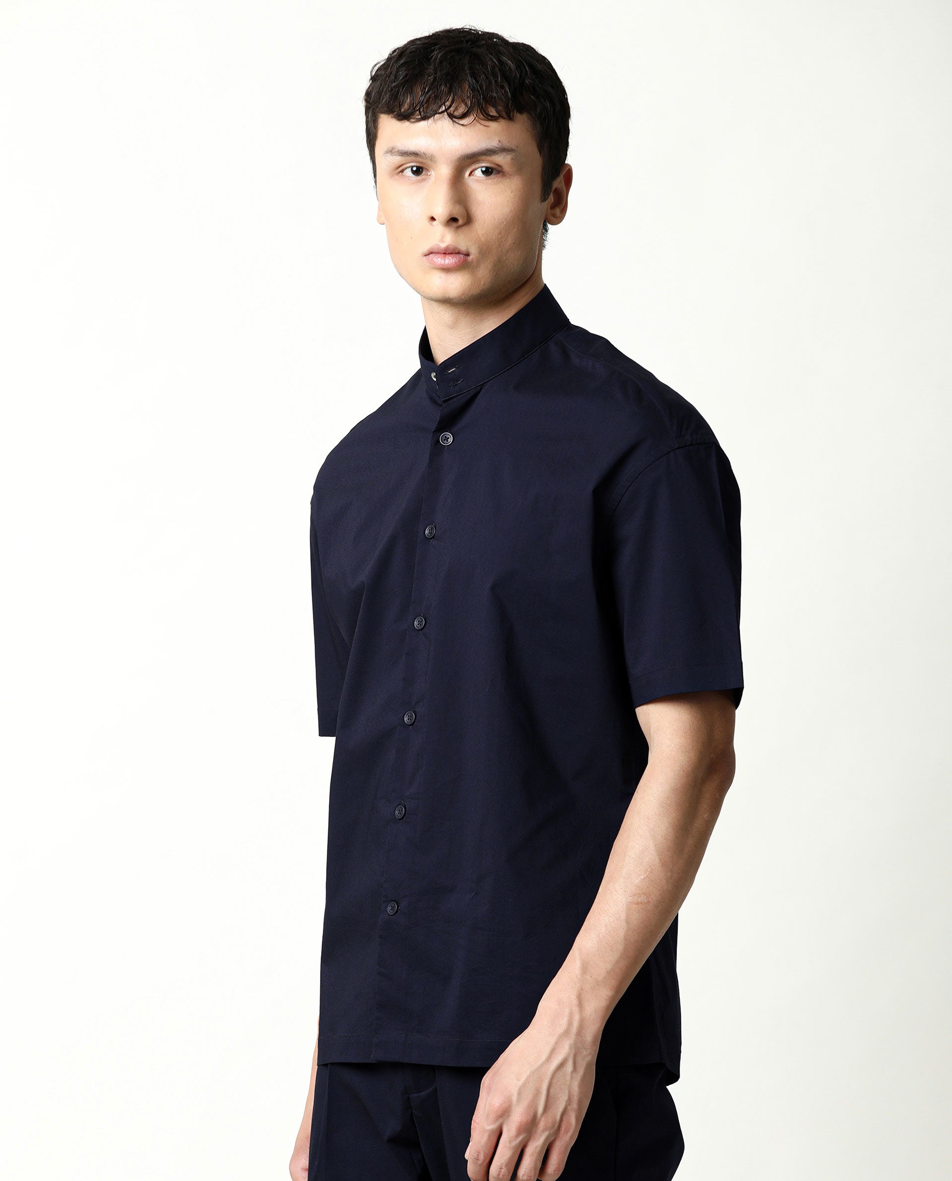 Rare Rabbit Men's Shiro Navy Poplin High Neck Mandarin Collar Half Sleeves Solid Shirt