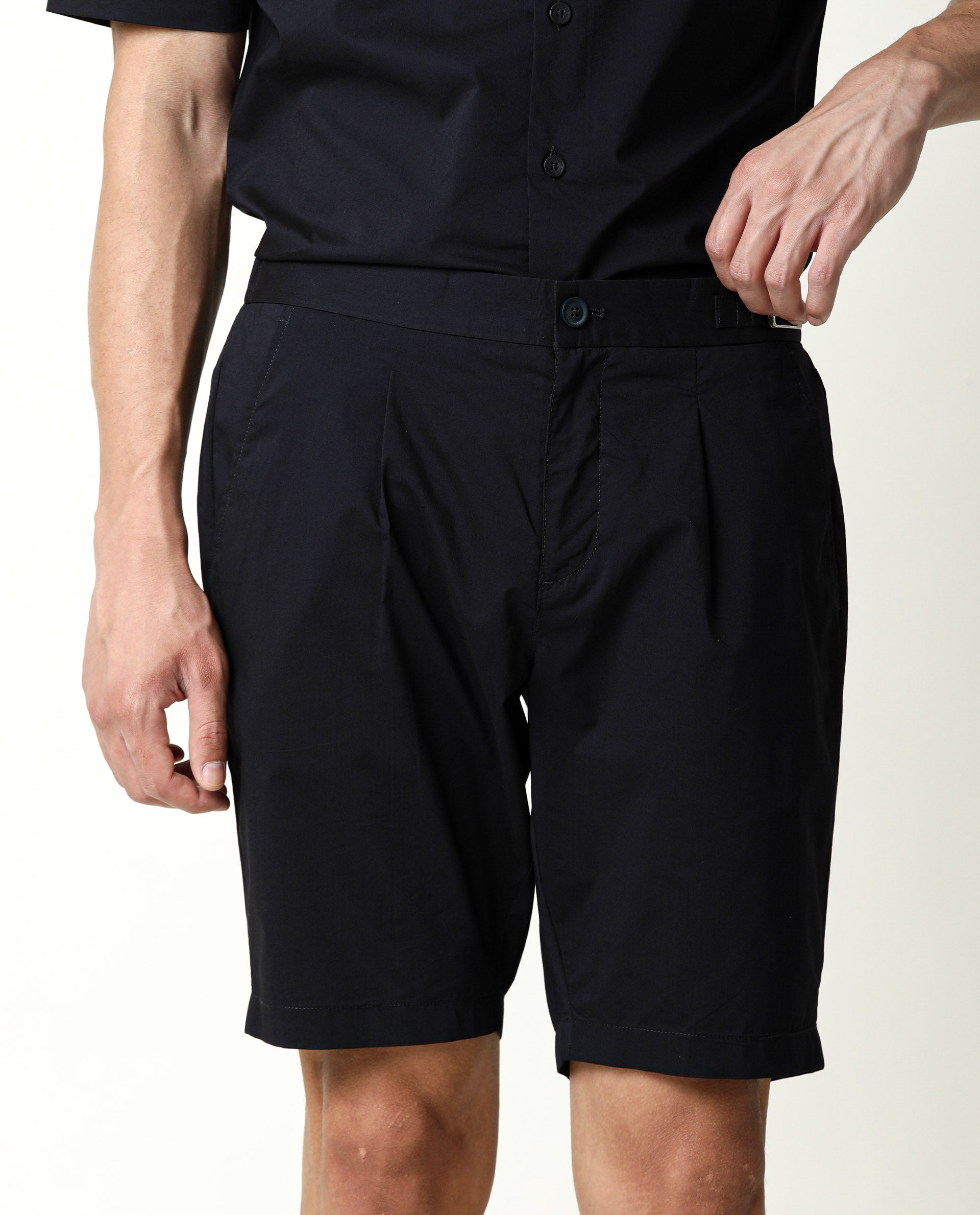 Rare Rabbit Men's Osaka Navy Slim Fit Mid Rise Waist Button & Zip Closure Shorts