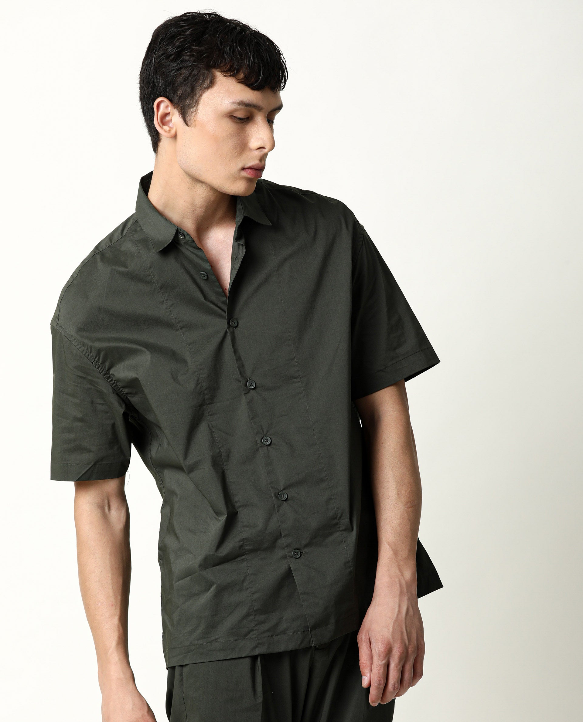 Rare Rabbit Men's Shibuya Olive Polycotton Fabric Half Sleeves Shirt