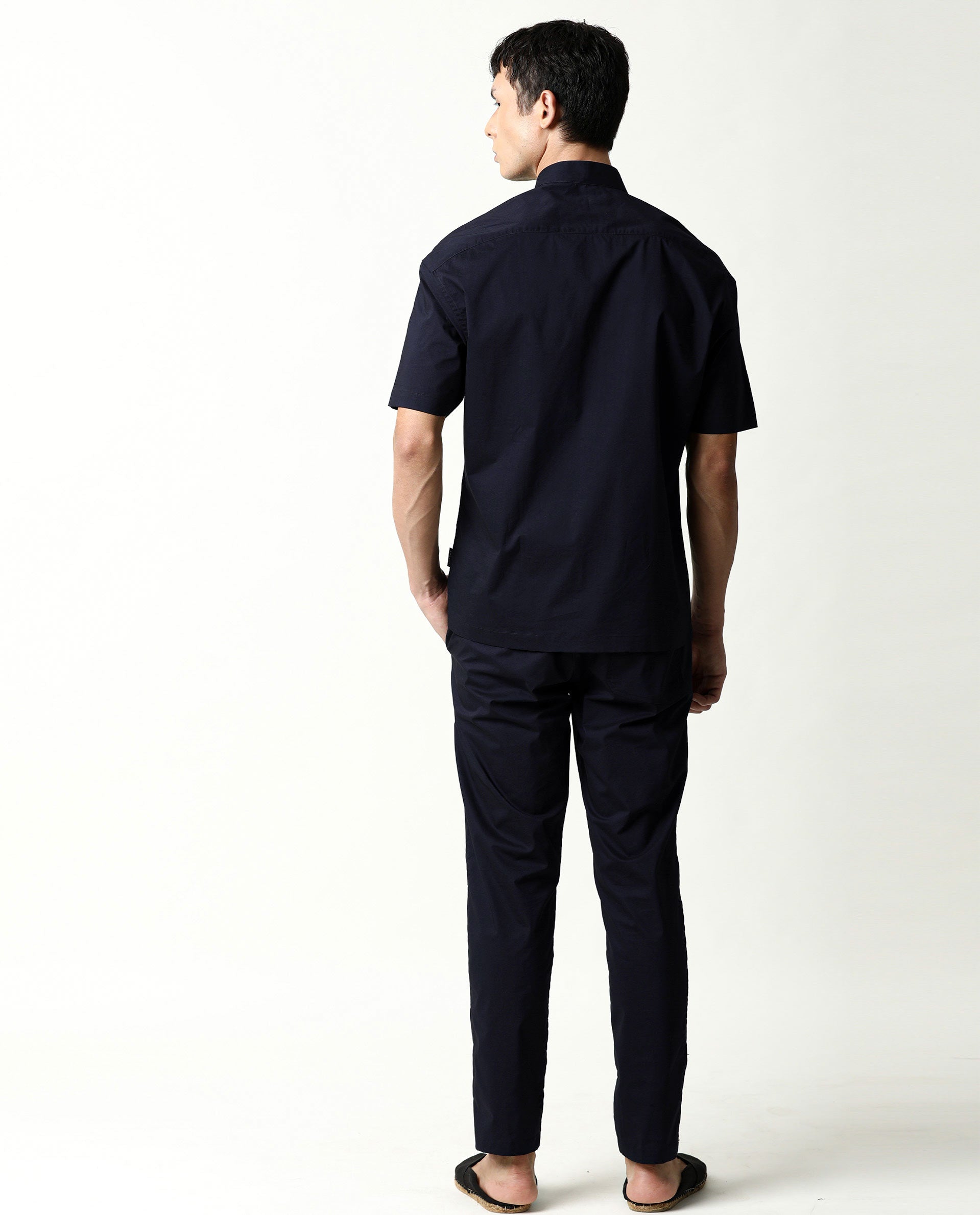 Rare Rabbit Men's Shiro Navy Poplin High Neck Mandarin Collar Half Sleeves Solid Shirt