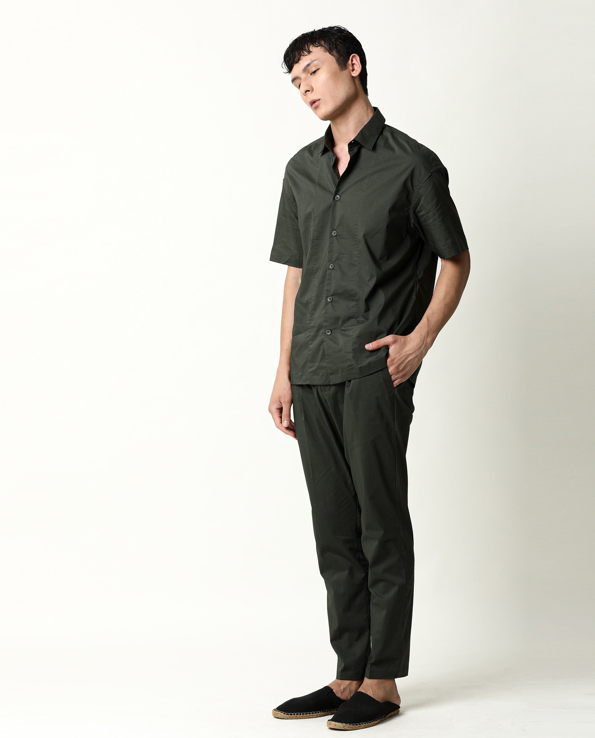 Rare Rabbit Men's Shibuya Olive Polycotton Fabric Half Sleeves Shirt