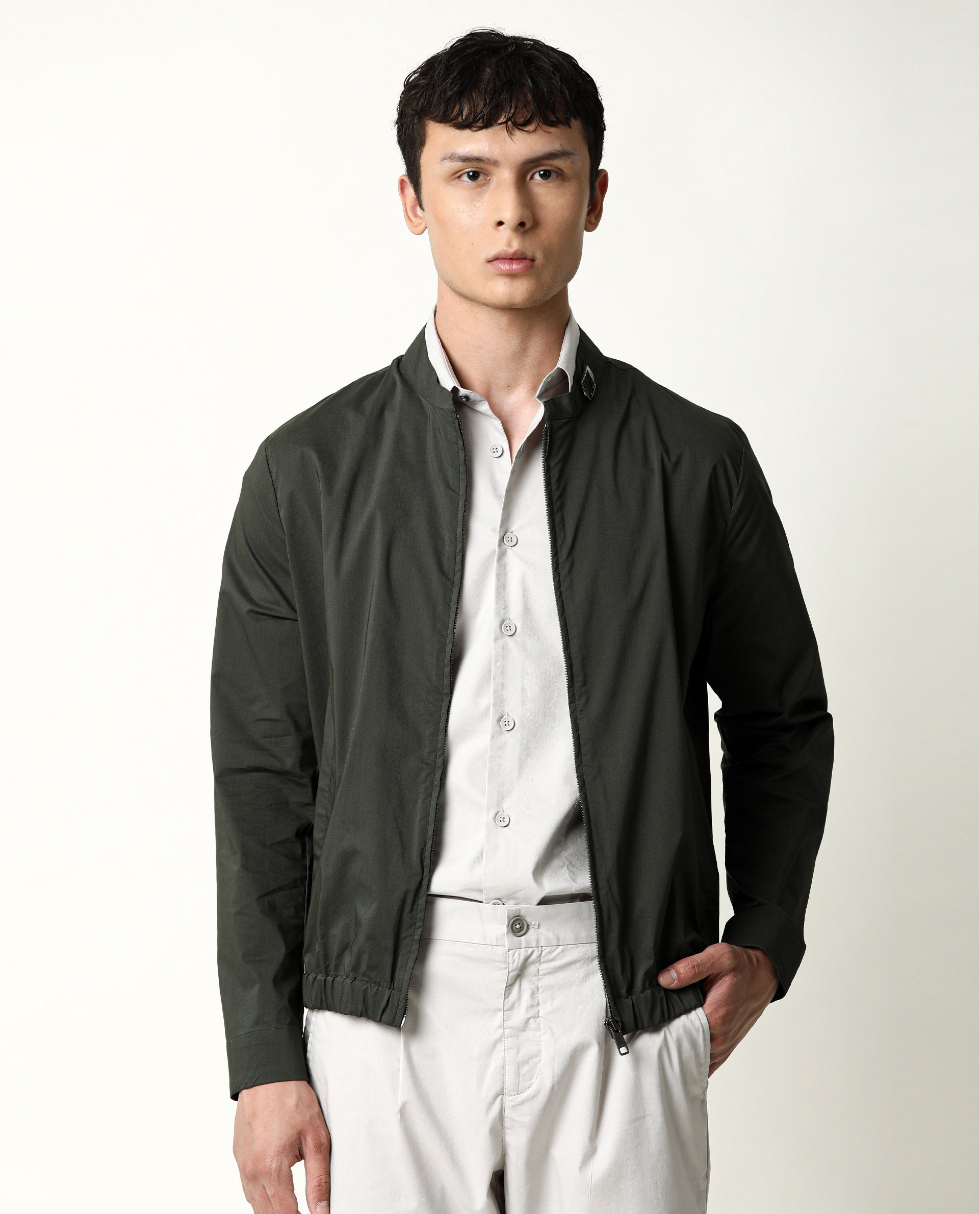 Rare Rabbit Men's Saka Olive Plain Mandarin Collar Jacket