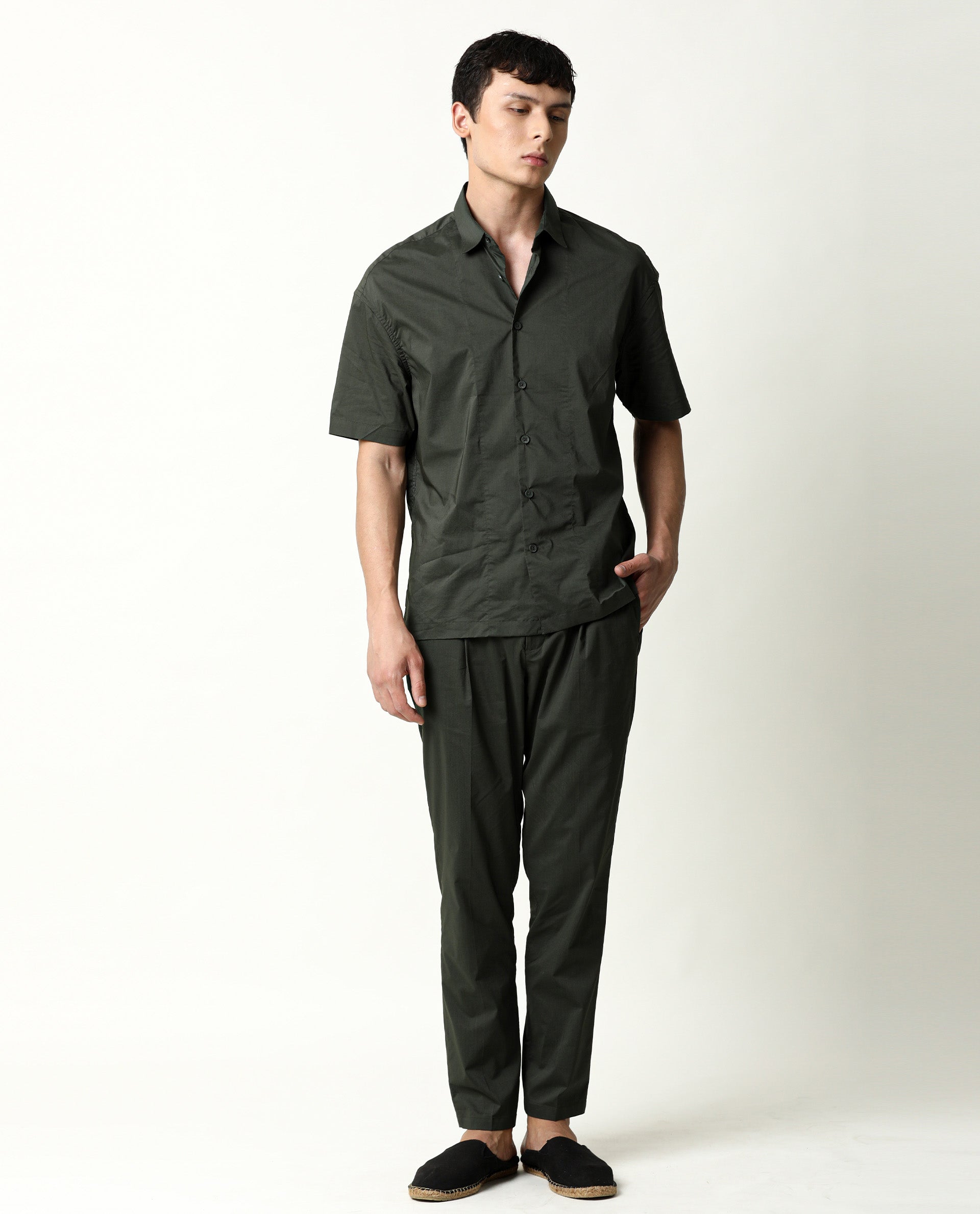 Rare Rabbit Men's Shibuya Olive Polycotton Fabric Half Sleeves Shirt