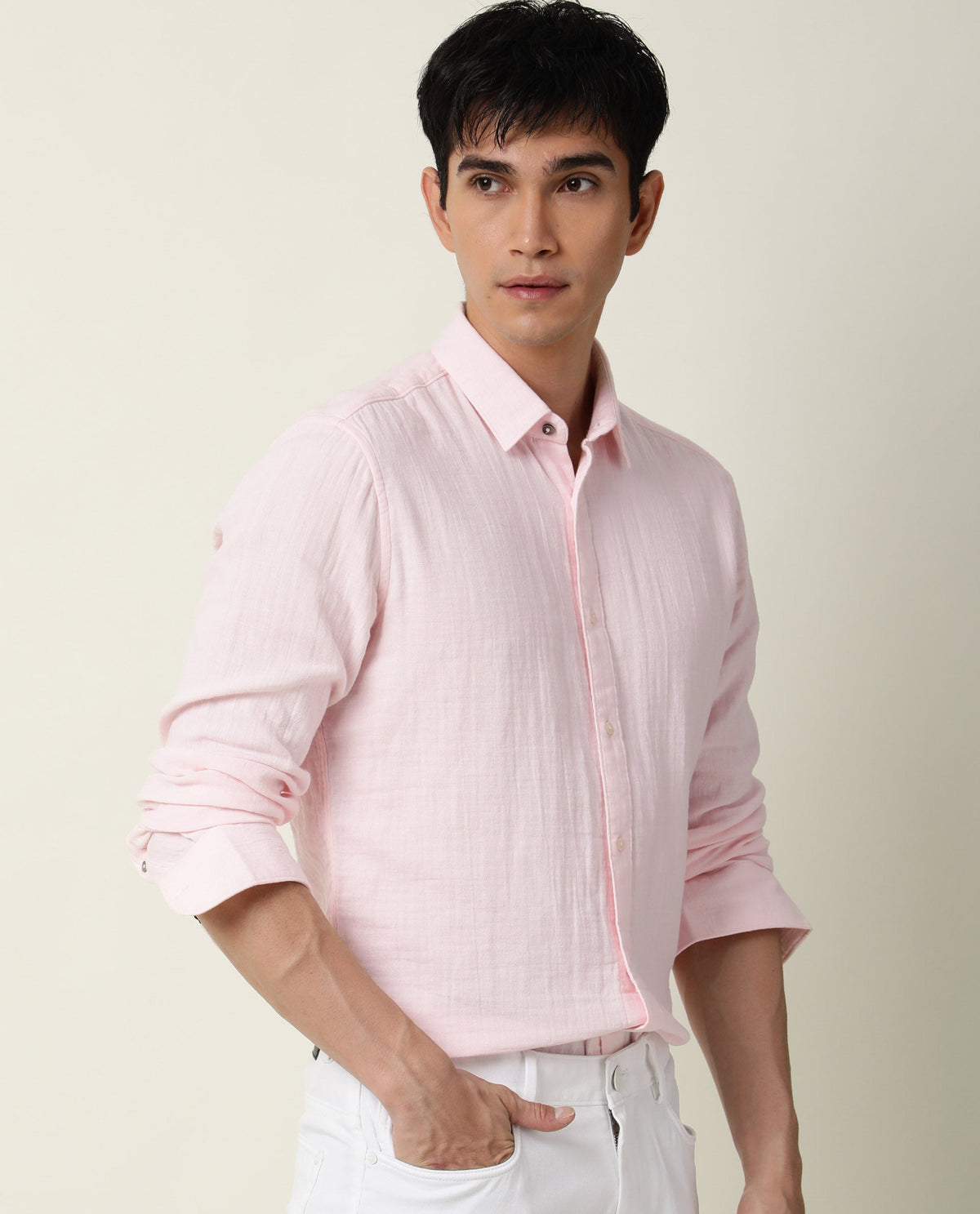Rare Rabbit Men's Layers Light Pink Cotton Double Layer Seer Sucker Fabric Full Sleeves Solid Shirt