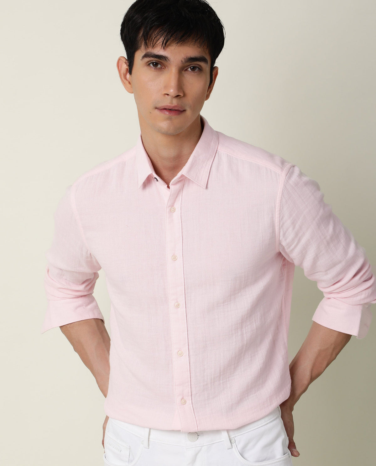Rare Rabbit Men's Layers Light Pink Cotton Double Layer Seer Sucker Fabric Full Sleeves Solid Shirt