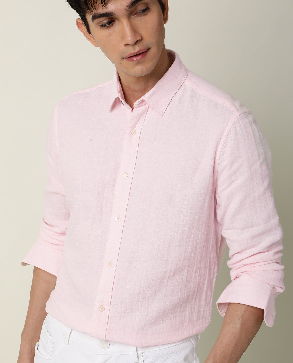 Rare Rabbit Men's Layers Light Pink Cotton Double Layer Seer Sucker Fabric Full Sleeves Solid Shirt