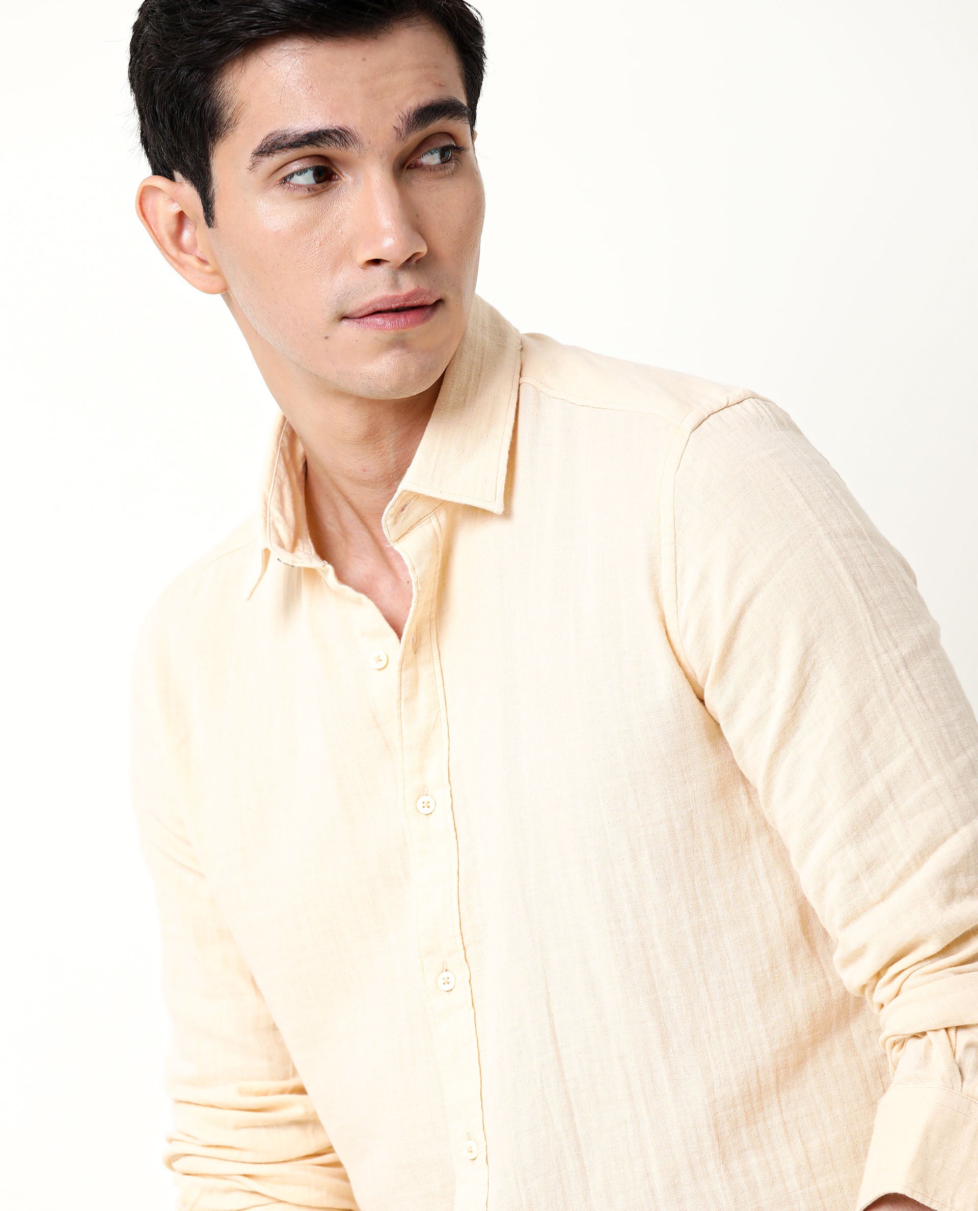 Rare Rabbit Men's Layers Beige Cotton Double Layer Seer Sucker Fabric Full Sleeves Solid Shirt