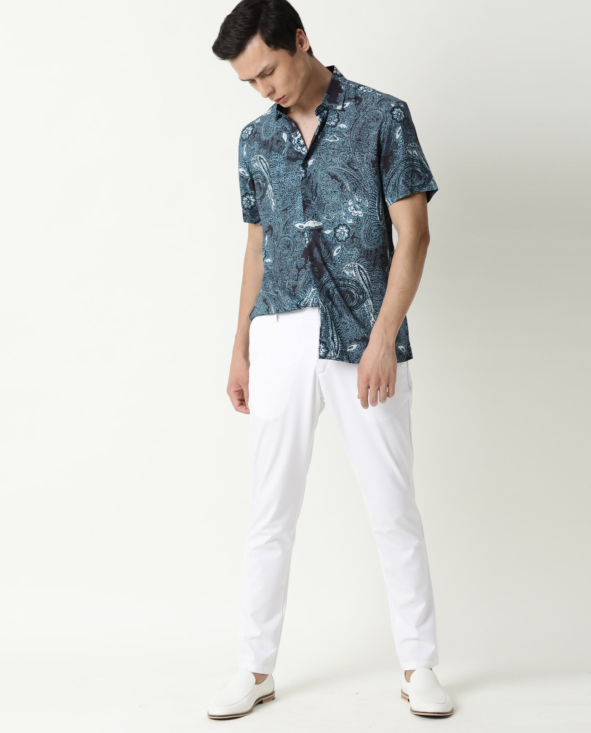 RARE RABBIT MENS LAWRN SS BLUE SHIRT COTTON VISCOSE FABRIC SLIM FIT COLLAR COLLAR Short Sleeve