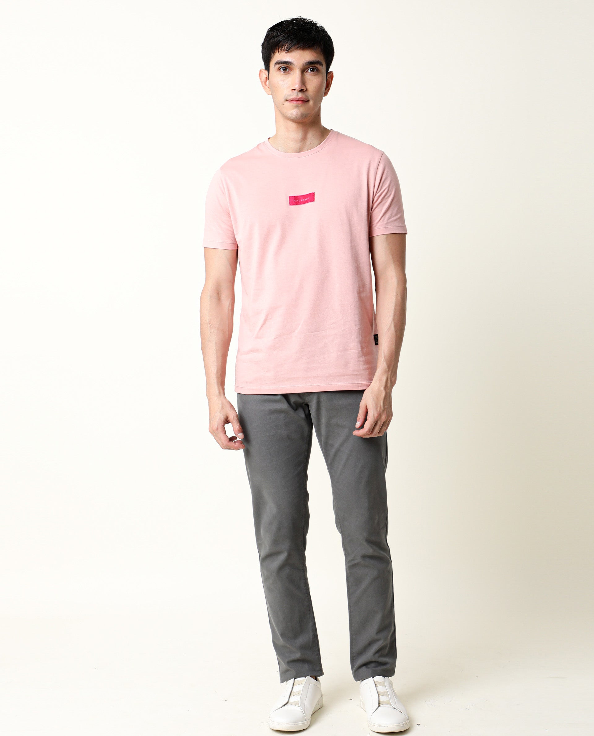 Rare Rabbit Men's Trix Peach Cotton Fabric Crew Neck Half Sleeves Slim Fit Velvet Badge Solid T-Shirt