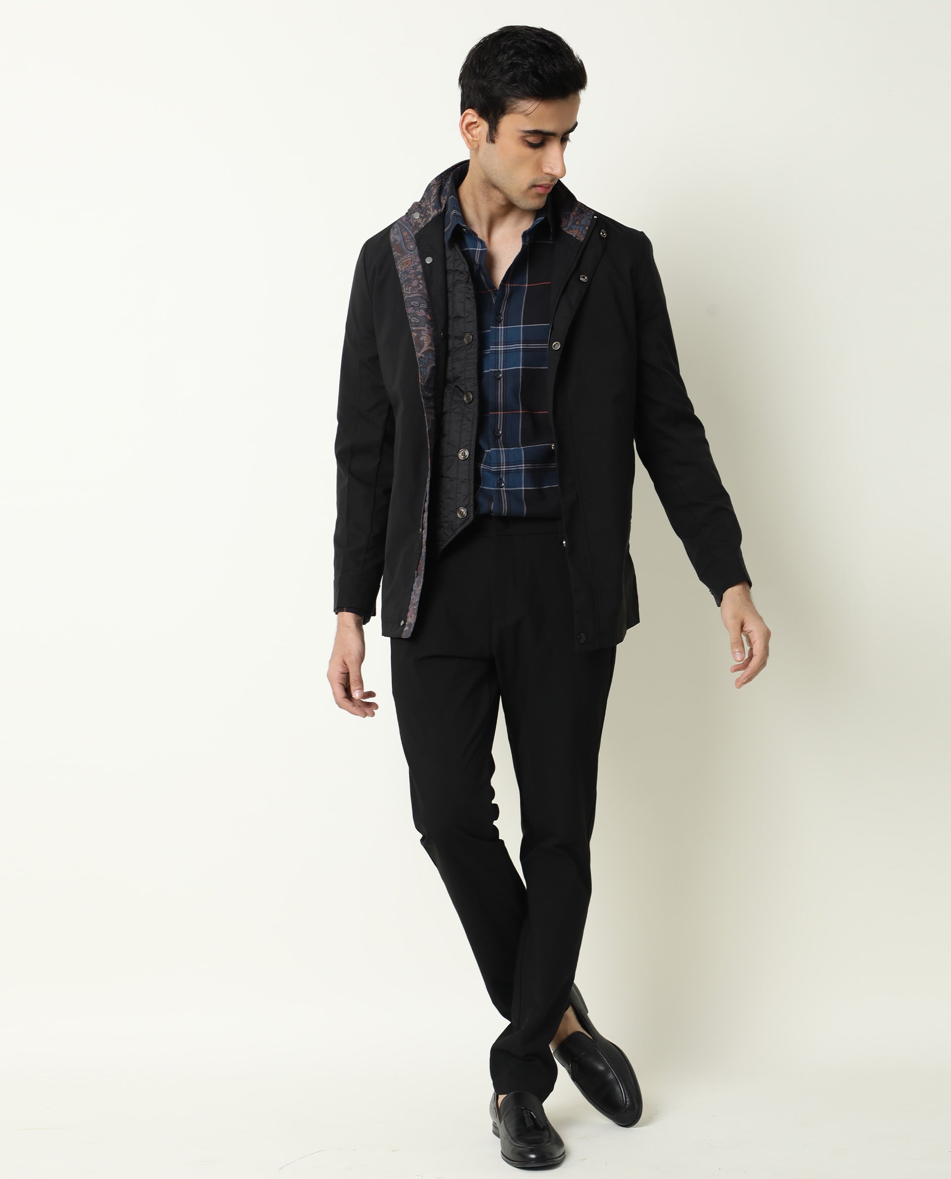 Rare Rabbit Men's Berry Black Plain High Neck Mandarin Collar Jacket