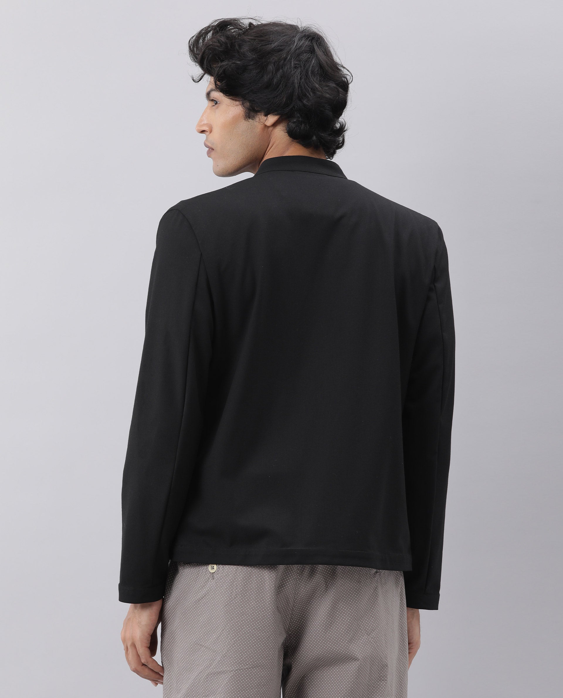 RARE RABBIT MEN'S SIGN-2 BLACK JACKET POLYESTER VISCOSE FABRIC MANDARIN COLLAR FULL SLEEVES ZIPPER CLOSURE SLIM FIT
