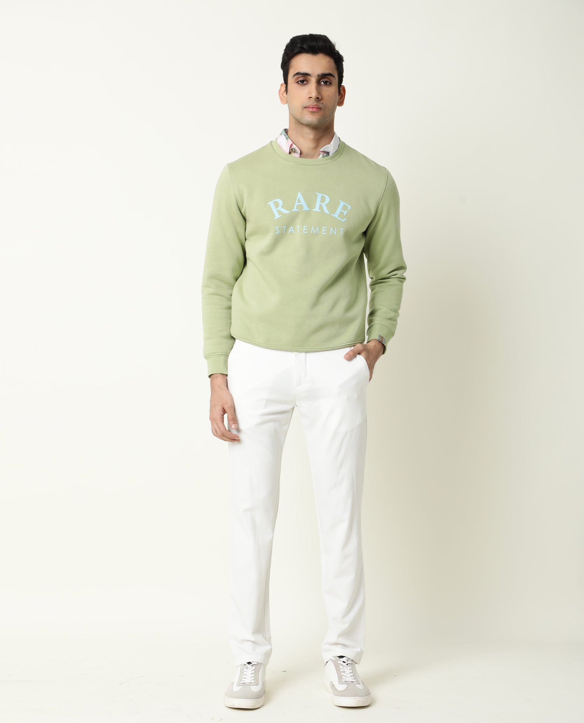 Rare Rabbit Men's Raven Pastel Green Cotton Polyester Fabric Full Sleeves Graphic Print Knit Sweatshirt