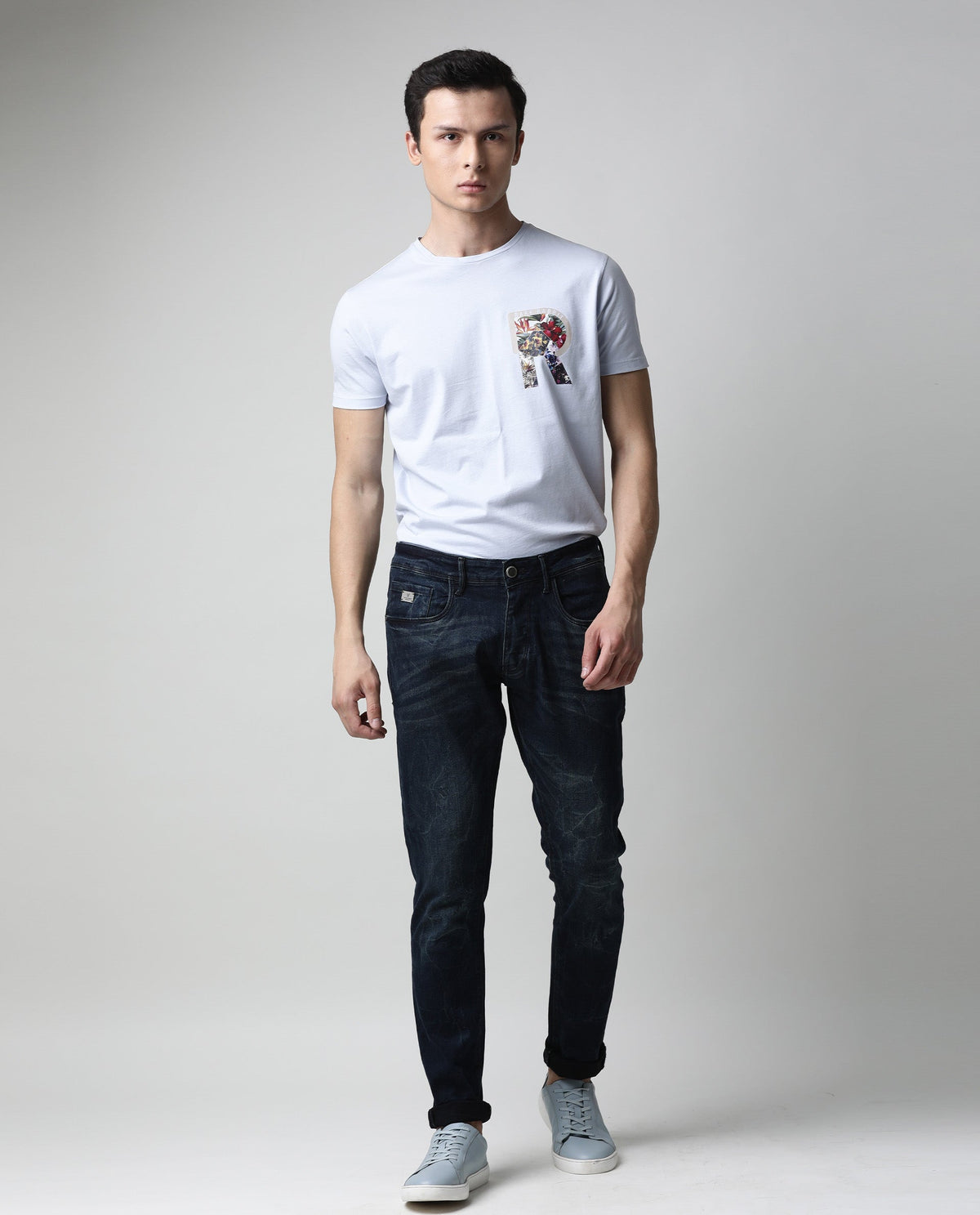 Rare Rabbit Men'S Kobe Blue Jeans Pant Cotton Viscose Fabric Slim Fit Mid-Rise Waist Button & Zip Closure