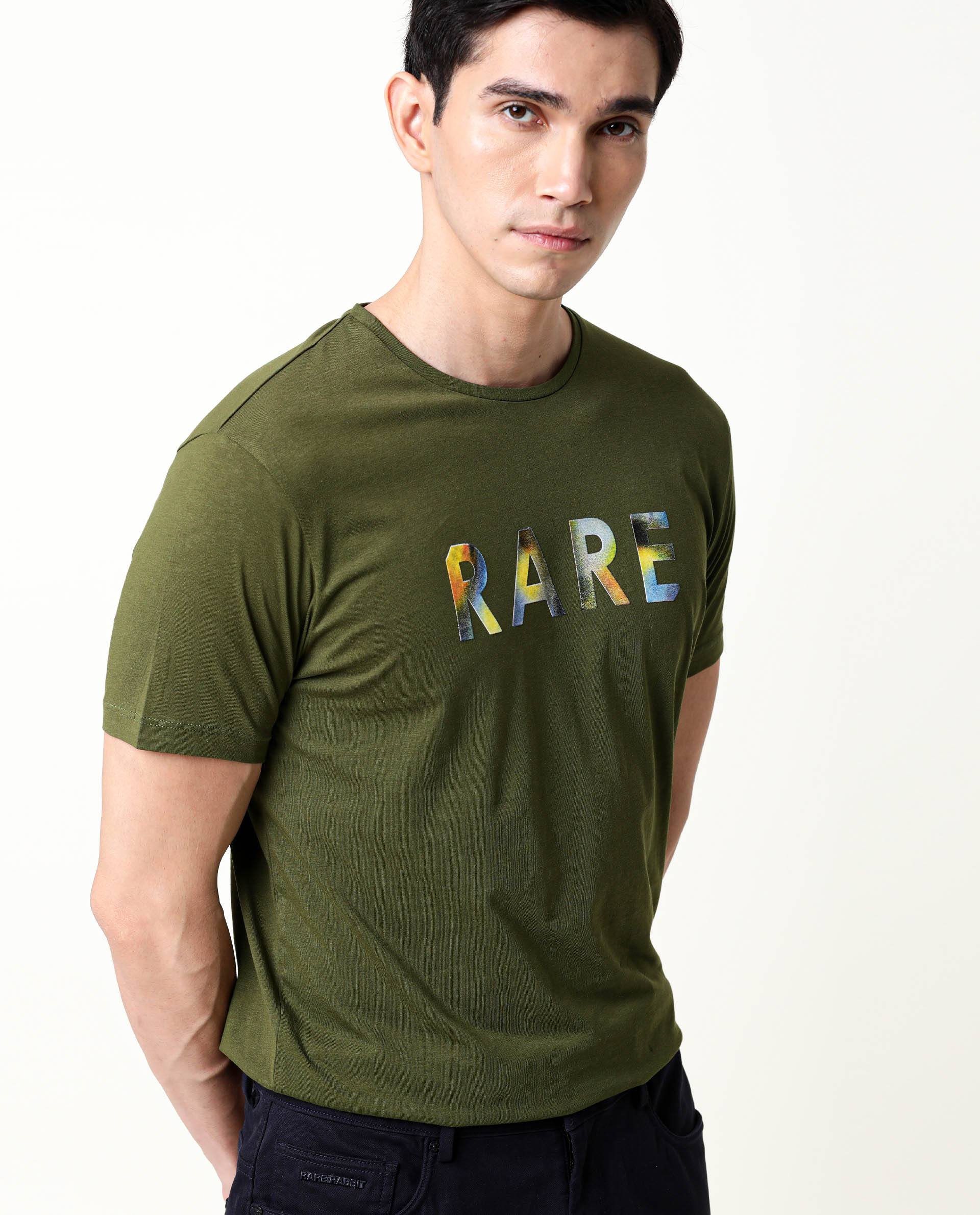 Rare Rabbit Men's Gavin Green Crew Neck HD Graphic Print Branded Half Sleeves T-Shirt