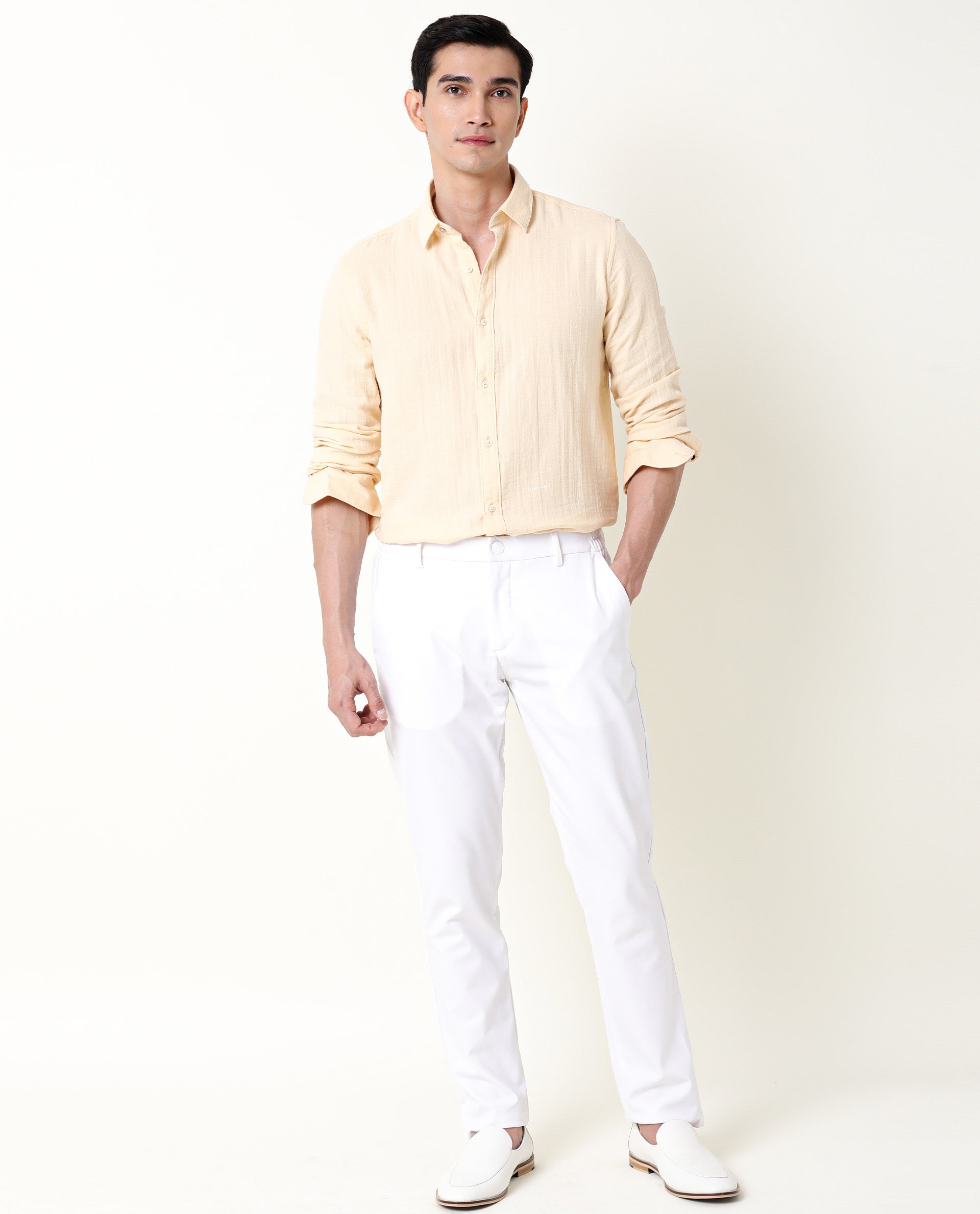 Rare Rabbit Men's Layers Beige Cotton Double Layer Seer Sucker Fabric Full Sleeves Solid Shirt