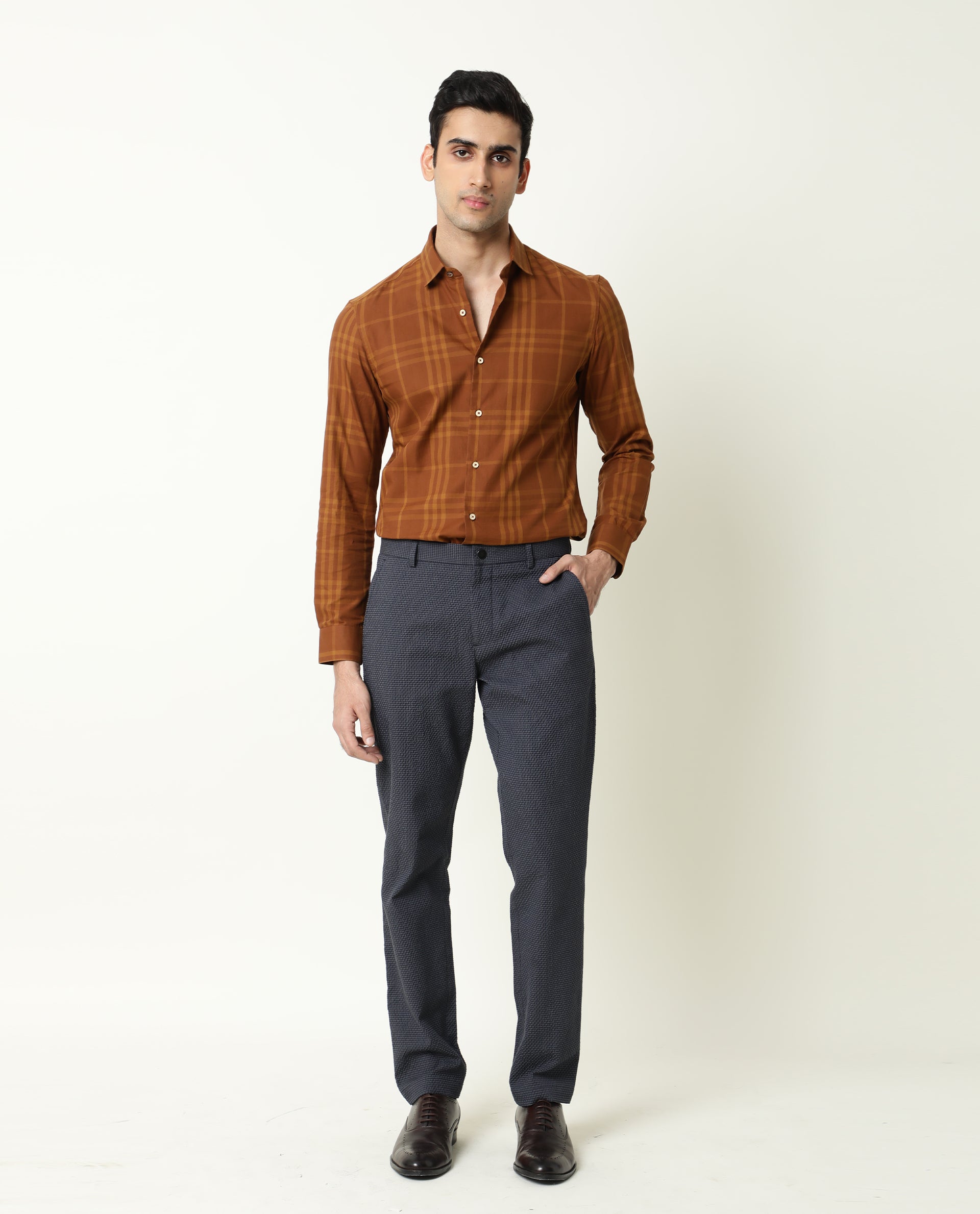 Rare Rabbit Men's Albion Navy Mid-Rise Regular Fit Classic Check Trouser