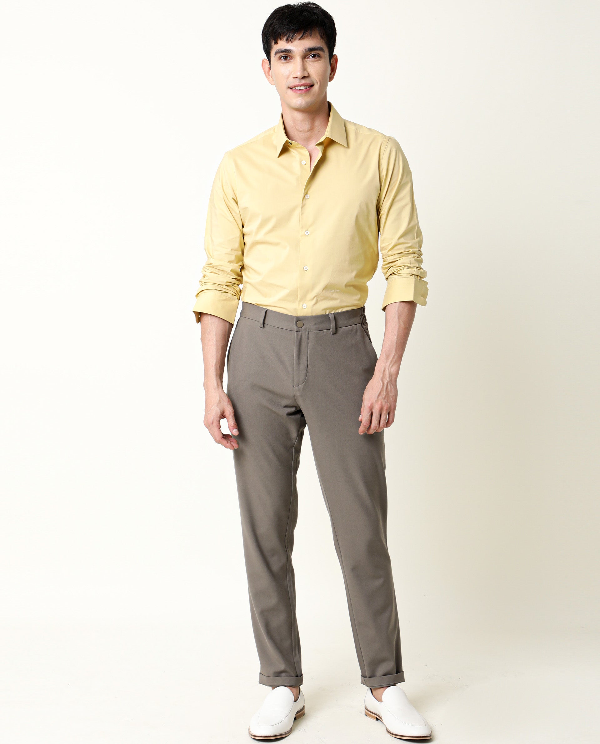 Rare Rabbit Men's Neutro Ls Light Mustard Cotton Polyester Fabric Full Sleeves Solid Shirt