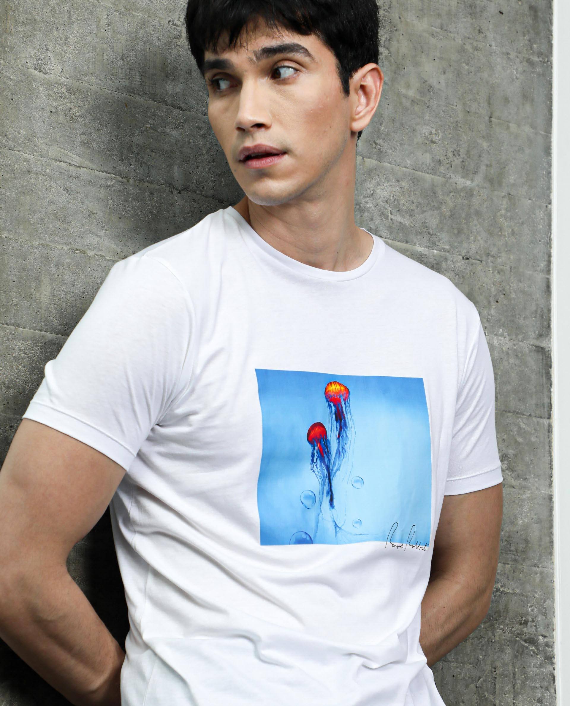 Rare Rabbit Men's Brad White Crew Neck Discharge Graphic Print Half Sleeves Regular Fit T-Shirt