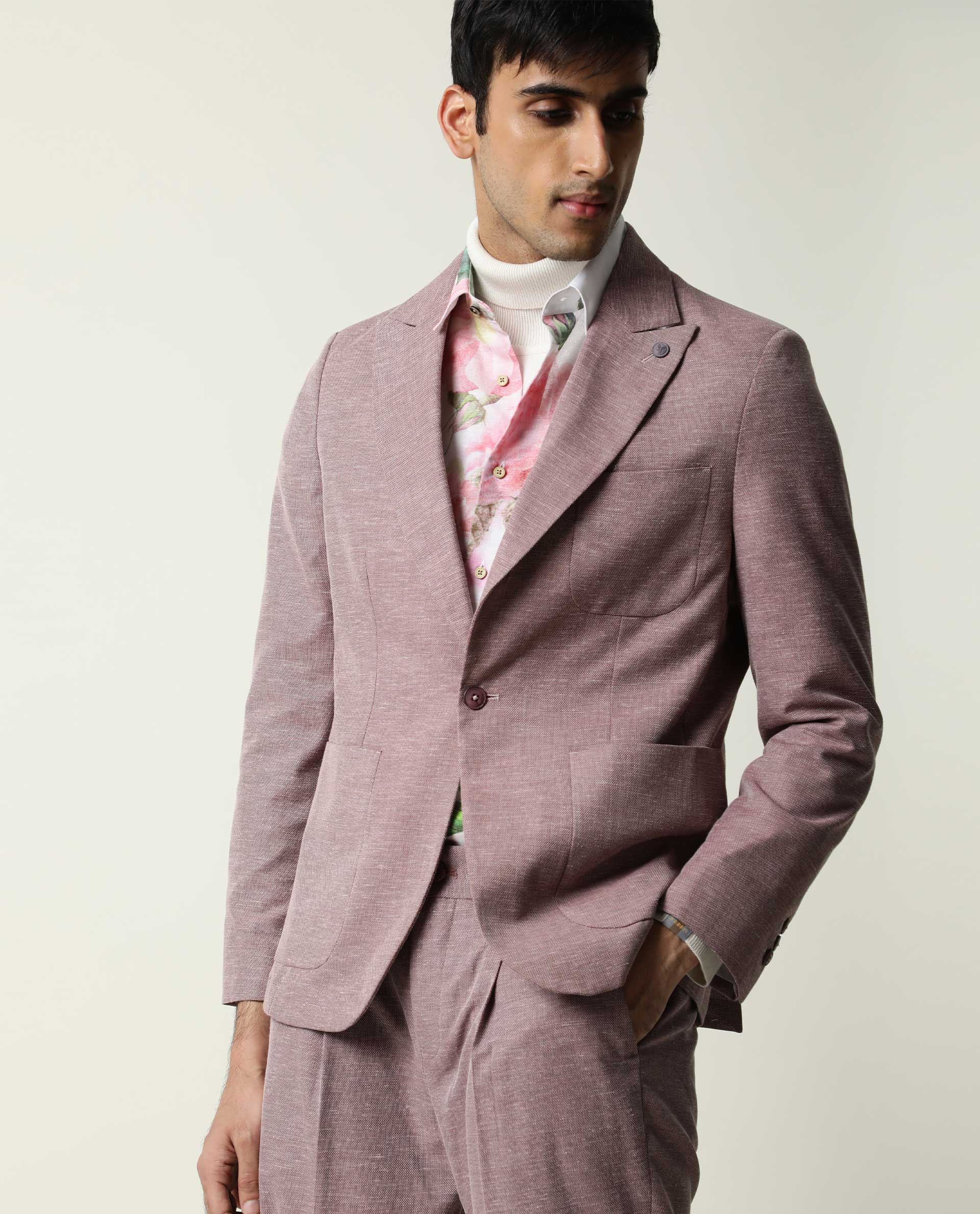 Rare Rabbit Men's Dexit Primary Maroon Polyester Viscose Fabric Peak Lapel Single Breasted Tailored Fit Textured Blazer