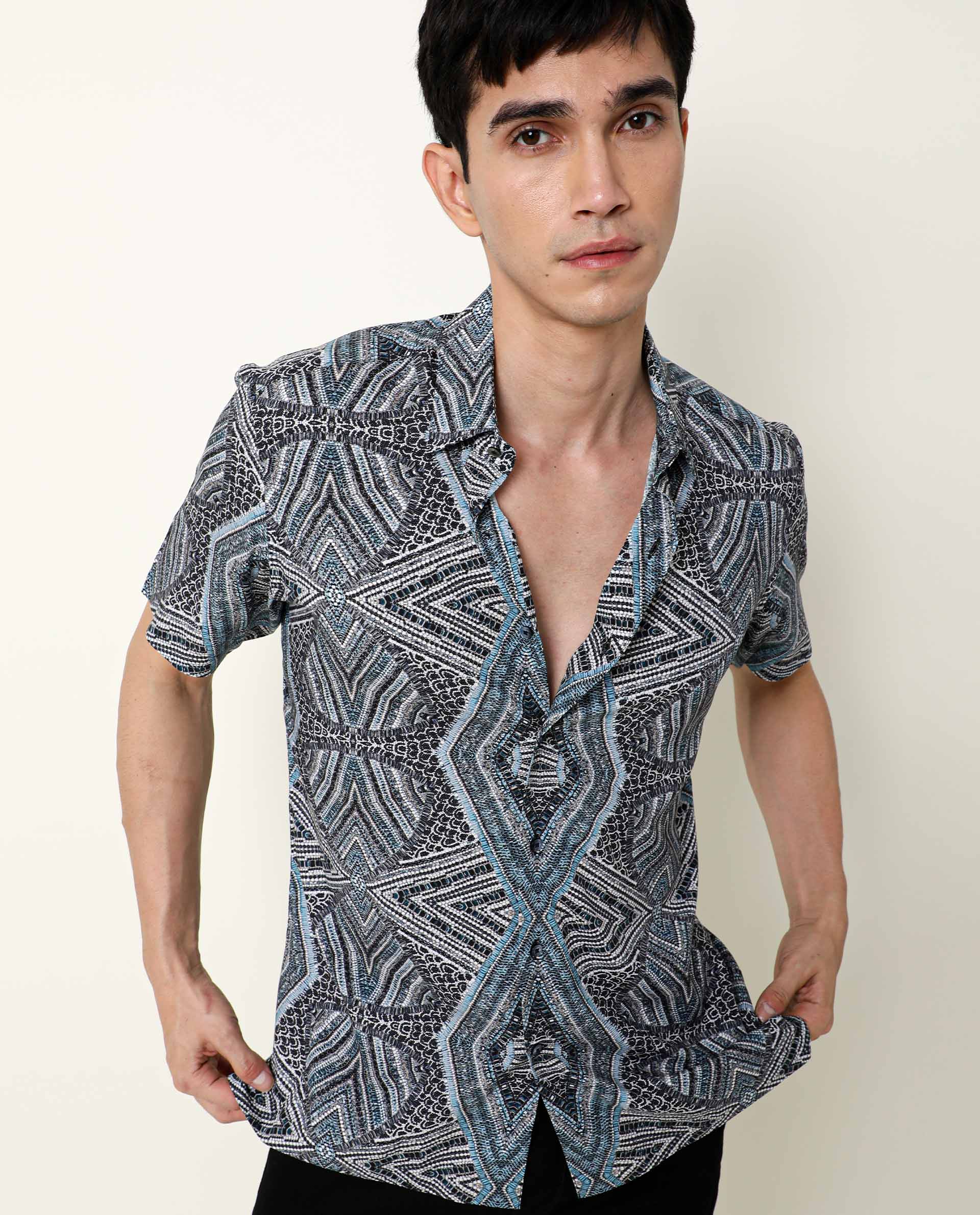 RARE RABBIT MEN'S DION BLUE SHIRT VISCOSE FABRIC COLLARED NECK HALF SLEEVES BUTTON CLOSURE SLIM FIT